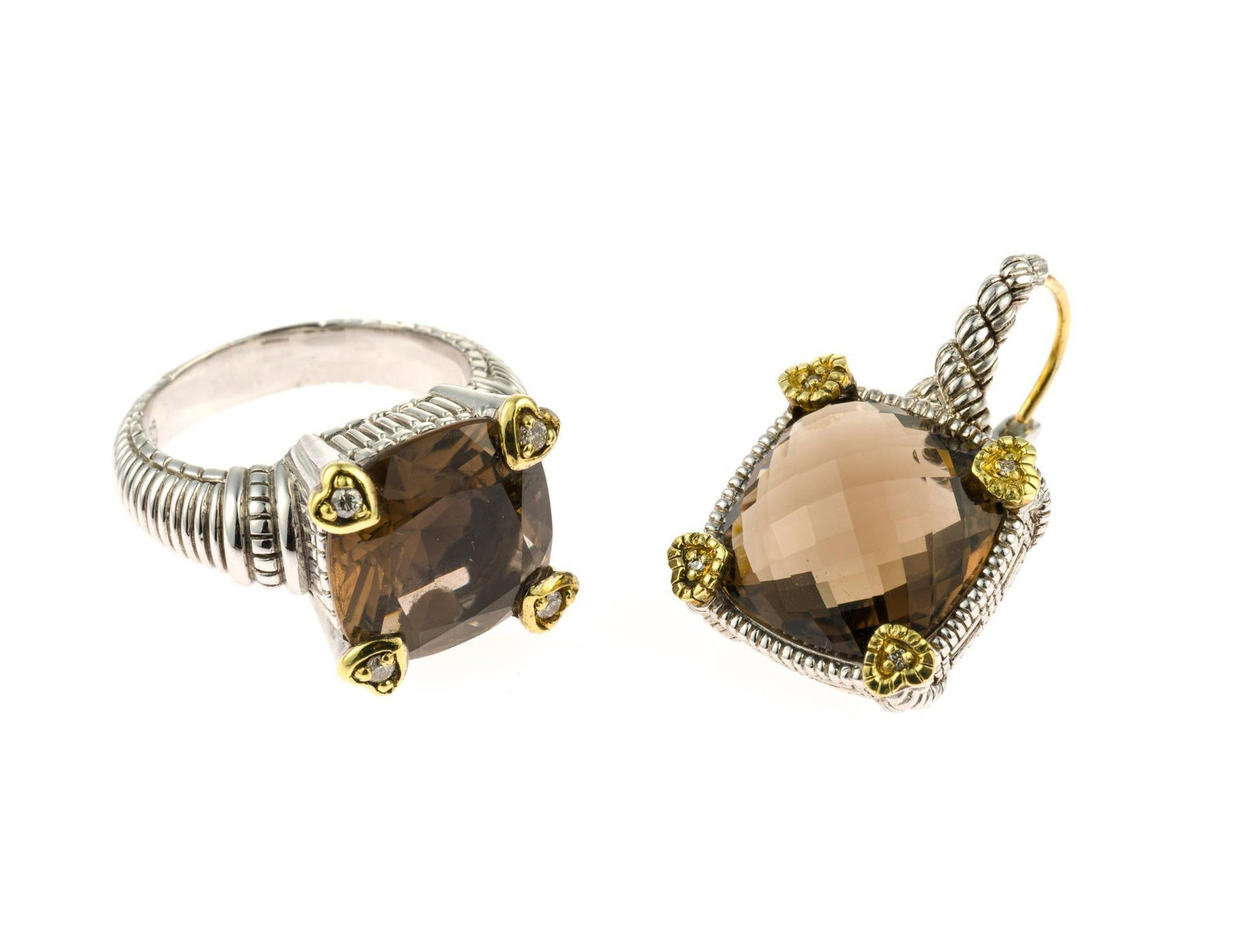 Judith Ripka 18K and Sterling Silver Ring and Pendant: A size 7 ring and 3/4" pendant. Both have smoky quartz gemstones and are marked JR TWO 18k 925. The total weight is 15.5 grams. 