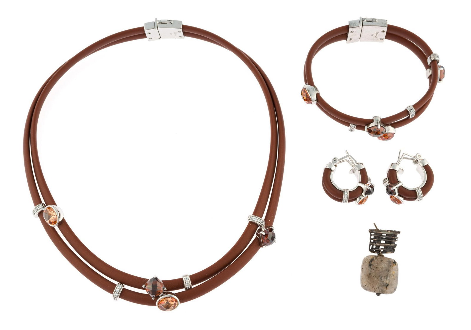 Belle Etoile Sterling Silver and Gemstone Cord Jewelry: A matching set consisting of a 16" necklace, 7" bracelet, and earrings, all with sterling silver and gemstone accents. The bracelet and necklace are on flexible cord. All are marked 925. The set comes