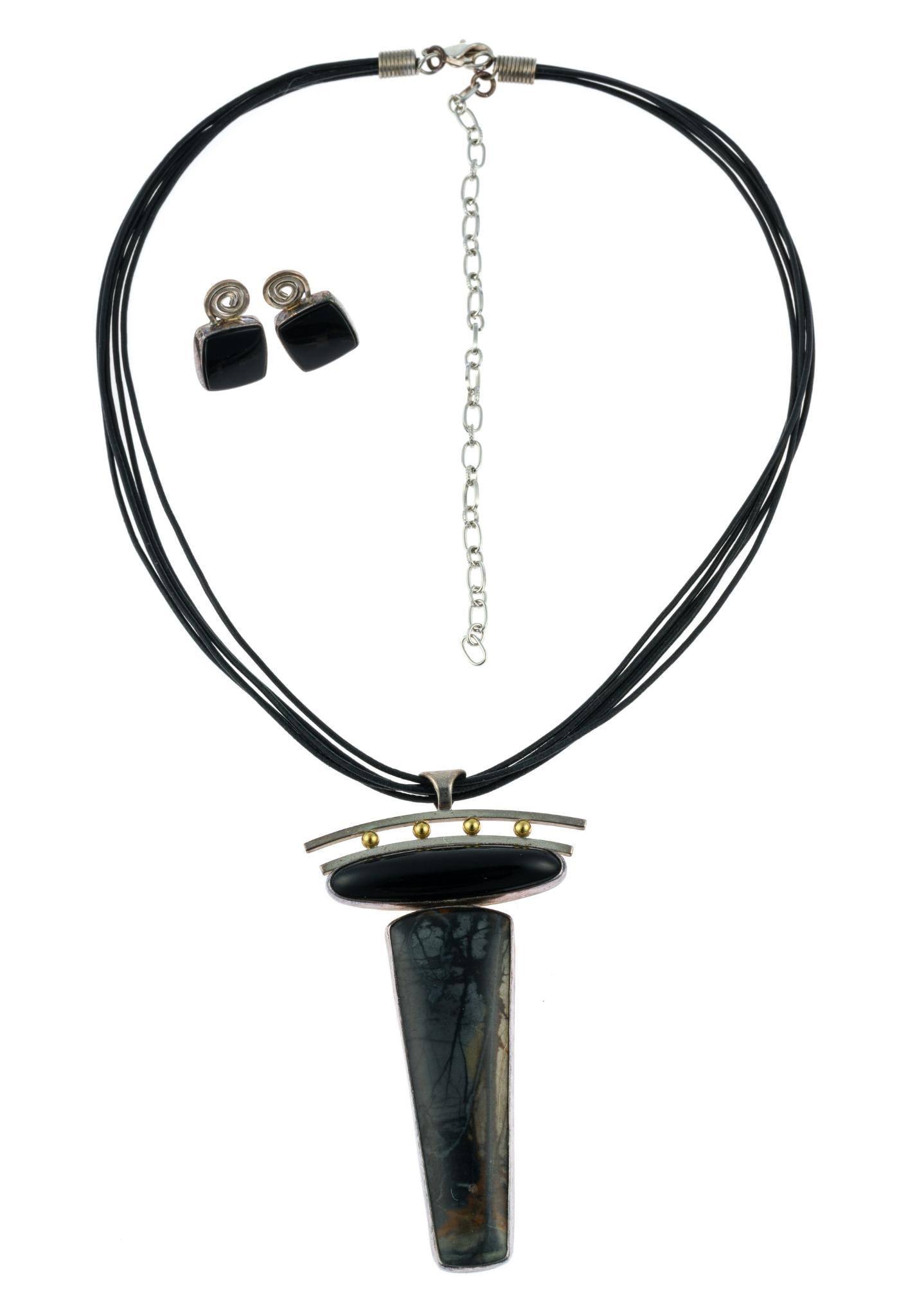Deborah Close Sterling Silver and Gemstone Necklace and Earrings: A 17" cord necklace with a 3 1/2" jasper and onyx pendant in sterling silver. The earrings are 3/4" for pierced ears. The pieces are marked 925 and Close. 
