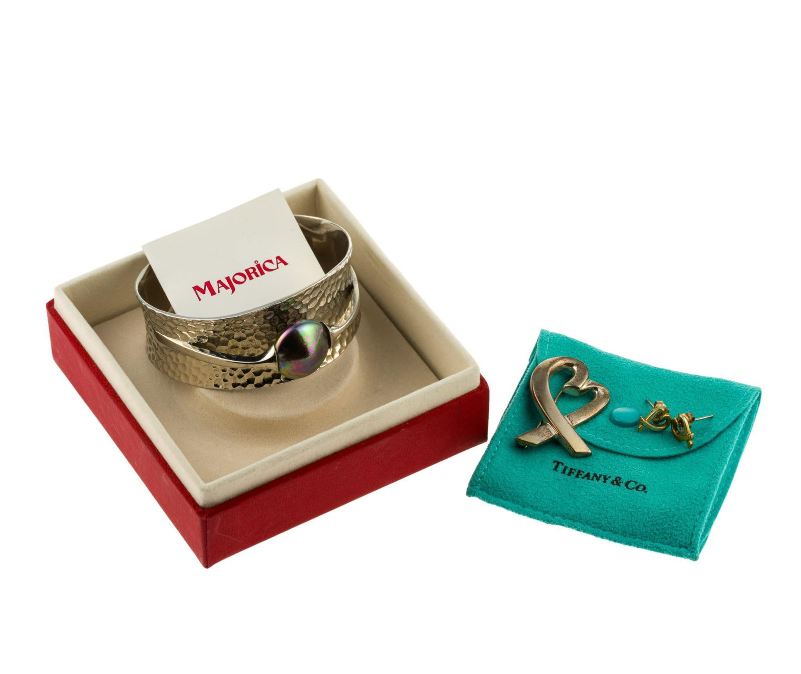 Sterling Silver Jewelry Incl. Tiffany Paloma Picasso: Majorica sterling cuff bracelet in original gift box, 2 1/2" inner width with 1" opening, Tiffany & Co sterling Paloma Picasso Loving Heart brooch and earrings set in original dust bag. The 