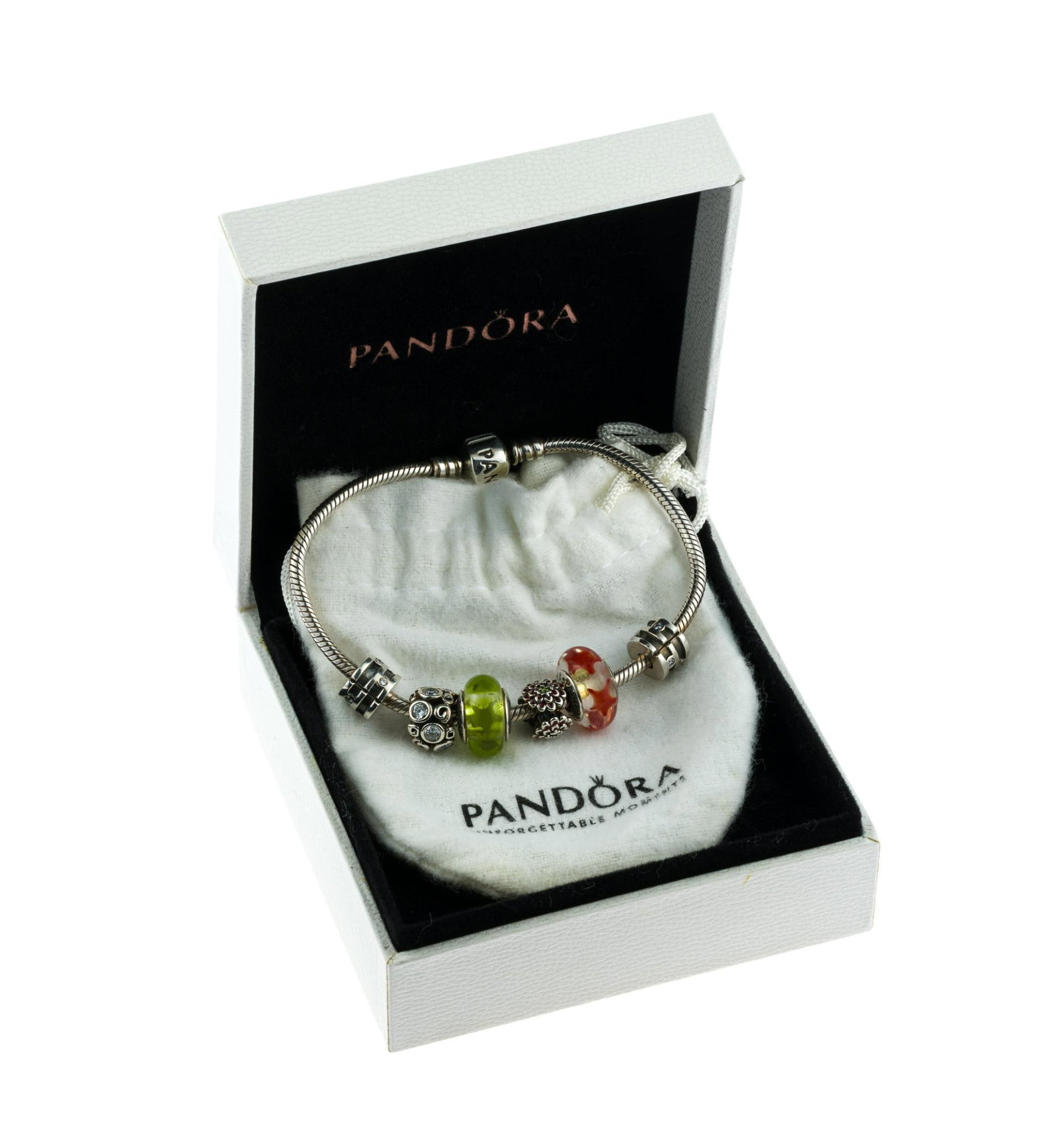 Pandora Sterling Silver Charm Bracelet: A 7 1/2" length Pandora sterling bracelet with the original box and pouch.