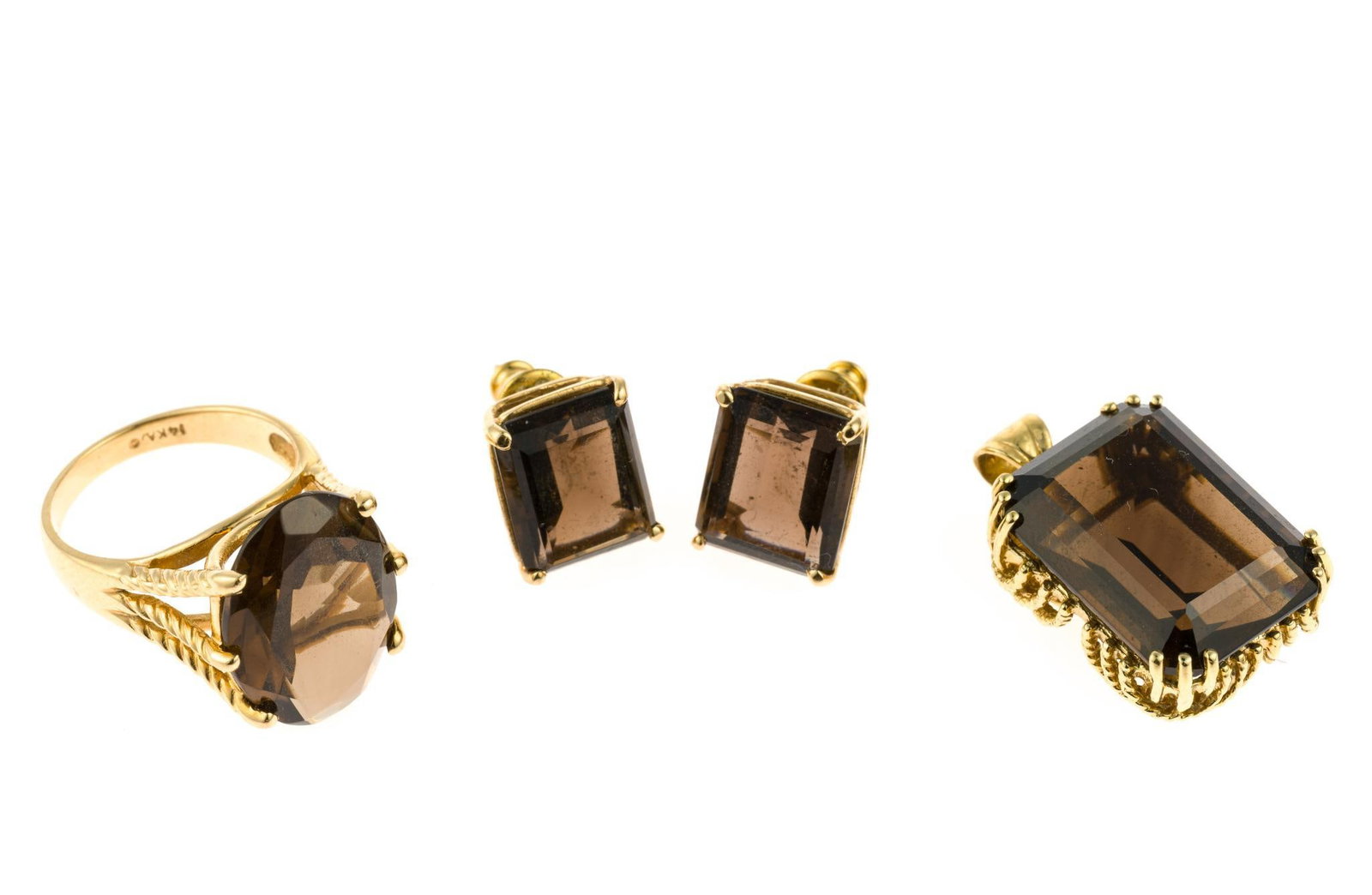14K Gold and Smoky Quartz Pendant, Earrings, and Ring (1 of 8)
