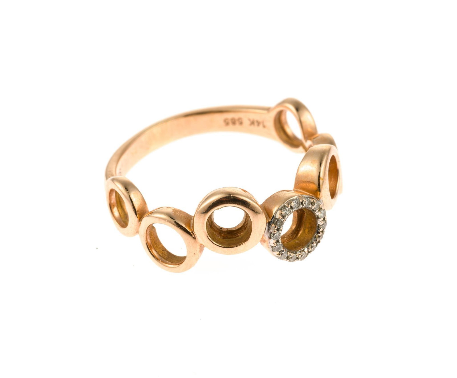 14K Gold Open-Circle Modern Ring: A size 7 ring in yellow gold with small diamond enhancements. It is marked 14k and Sophia and weighs 3.6 grams.