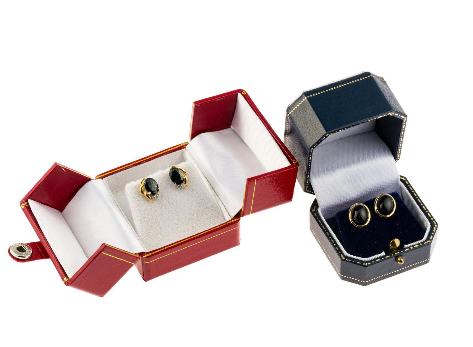 18K and 14K Gold and Gemstone Earrings: Stud earrings marked 14k with cabochon onyx gemstones weighing 2.0 grams and stud earrings marked 18k 750 with sapphire gemstones and diamonds weighing 2.5 grams.. 