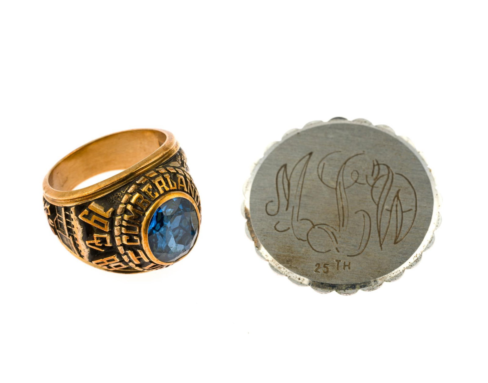 10K Gold Class Ring and Sterling Silver Pin: A size 8 yellow gold Cumberland Valley 1989 class ring marked 10k with a weight of 14.8 grams and a sterling silver monogram pin with weight of 0.2 troy ounces. 