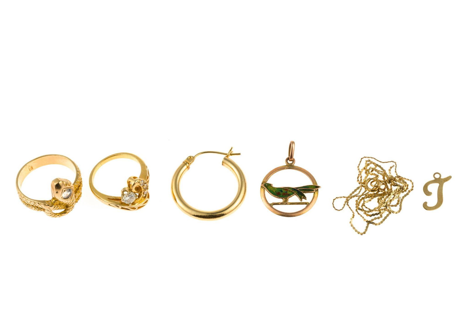 10K and 14K Gold Rings, Pendant and Scrap Gold: A size 6.5 snake design ring in 10k yellow gold and a 10k road runner pendant with total weight of 4.9 grams. A 14k yellow gold ring, size 4, with four diamonds weighing 2.9 grams. Gold testing 