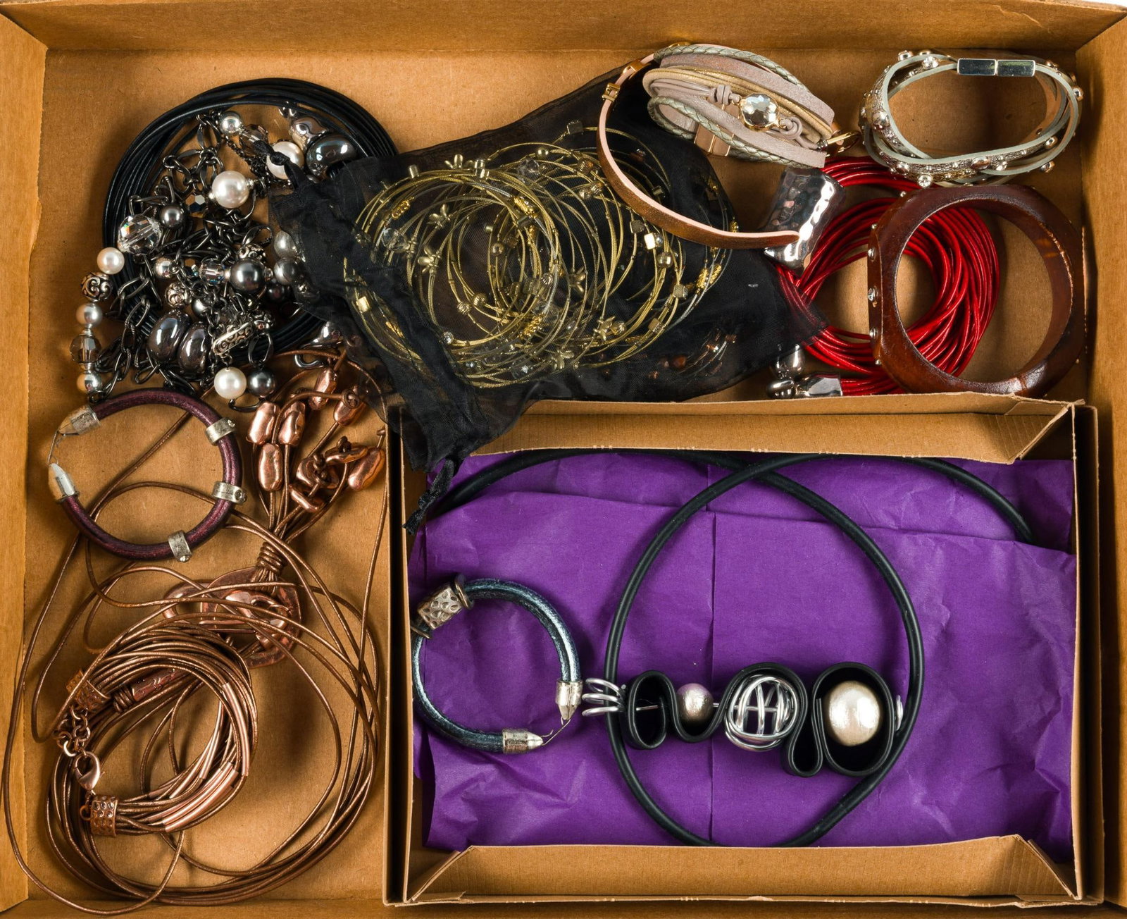 Designer and Fashion Jewelry Incl. Brighton: Most are leather and cord pieces. Box is 13" wide x 16-7/8" long x 2-1/4" high.