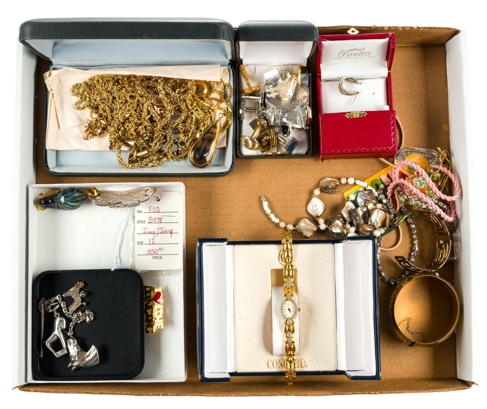 Sterling Silver and Costume Jewelry: Mostly non-silver but a few pieces including earrings for pierced ears and a poodle charm are marked 925. Also a chain and animal-form fob weighing 1.1 troy ounces is silver and marked with a French h