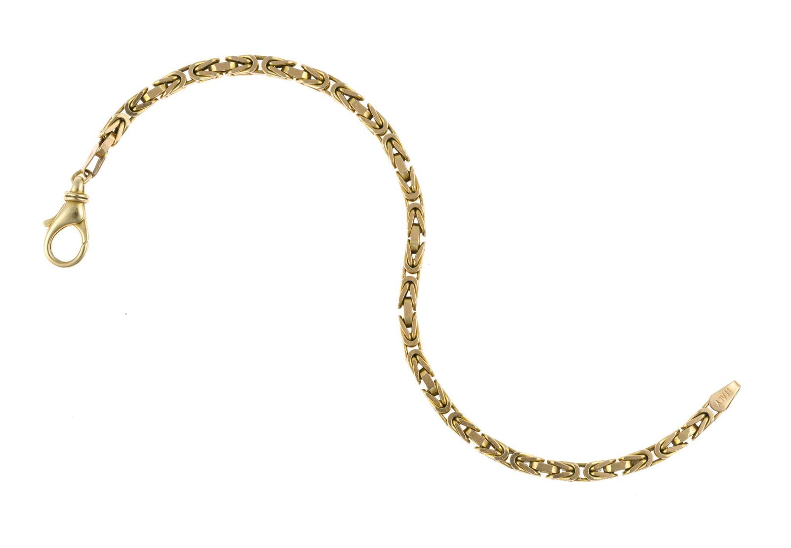 Italian 14K Gold Chain Bracelet: A 7 1/2" yellow gold byzantine style chain bracelet. It is marked 14k and weighs 15.2 grams It has signs of wear but no damage.