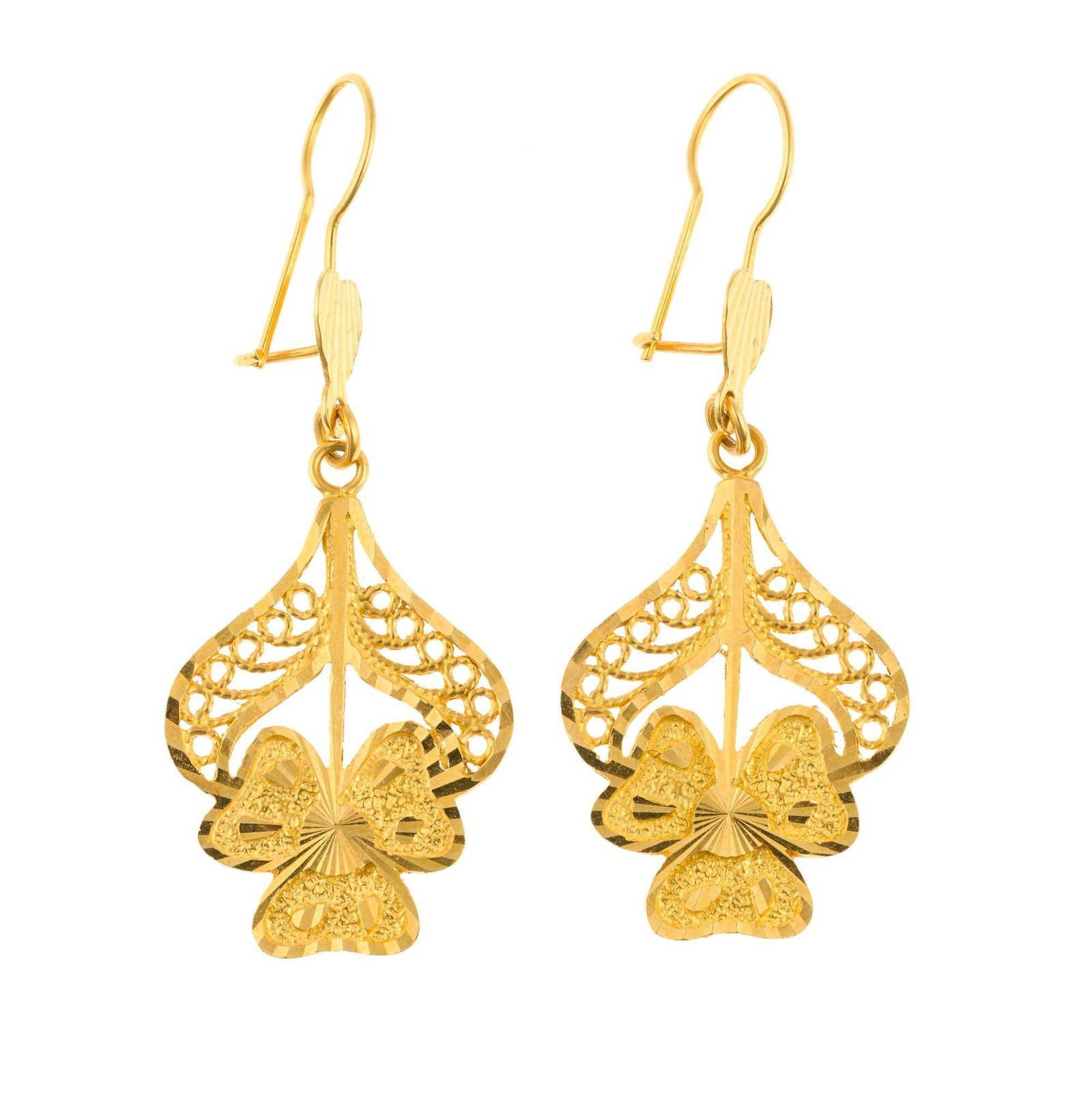 Portuguese 22K Gold Filigree Earrings: 2" length yellow gold floral pattern dangle earrings. They are marked 916 and weigh 5.3 grams.