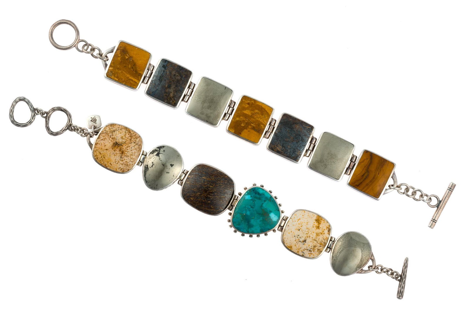 2 Sterling Silver and Gemstone Bracelets: Each is 7 1/2" in length and is marked for sterling. The total weight is 2.8 troy ounces.