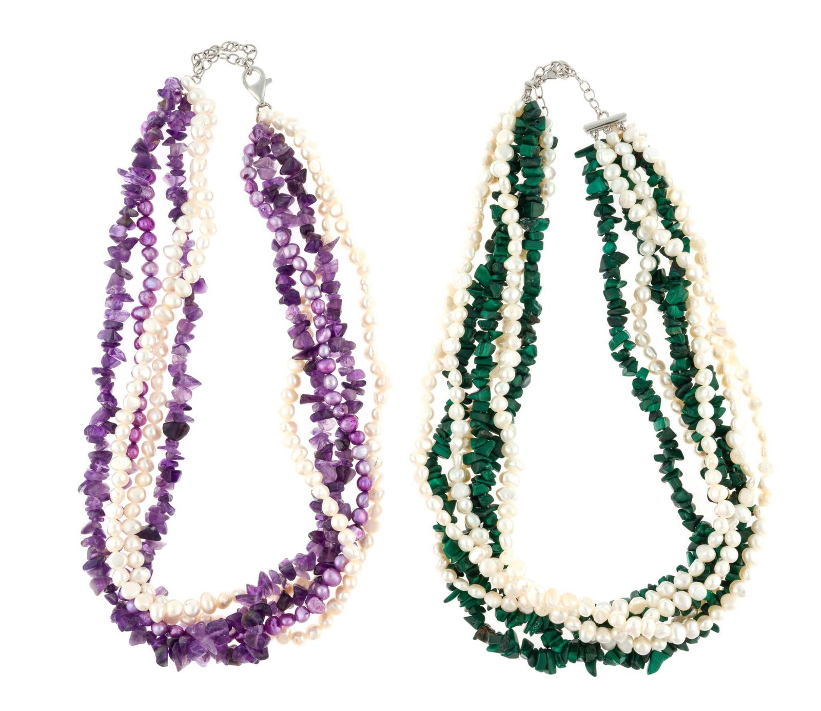 2 Multi Strand Pearl and Gemstone Necklaces: Both are 18" length and with sterling silver clasp work. One is seven strand pearls and malachite and the second is five strand pearls and amethyst.