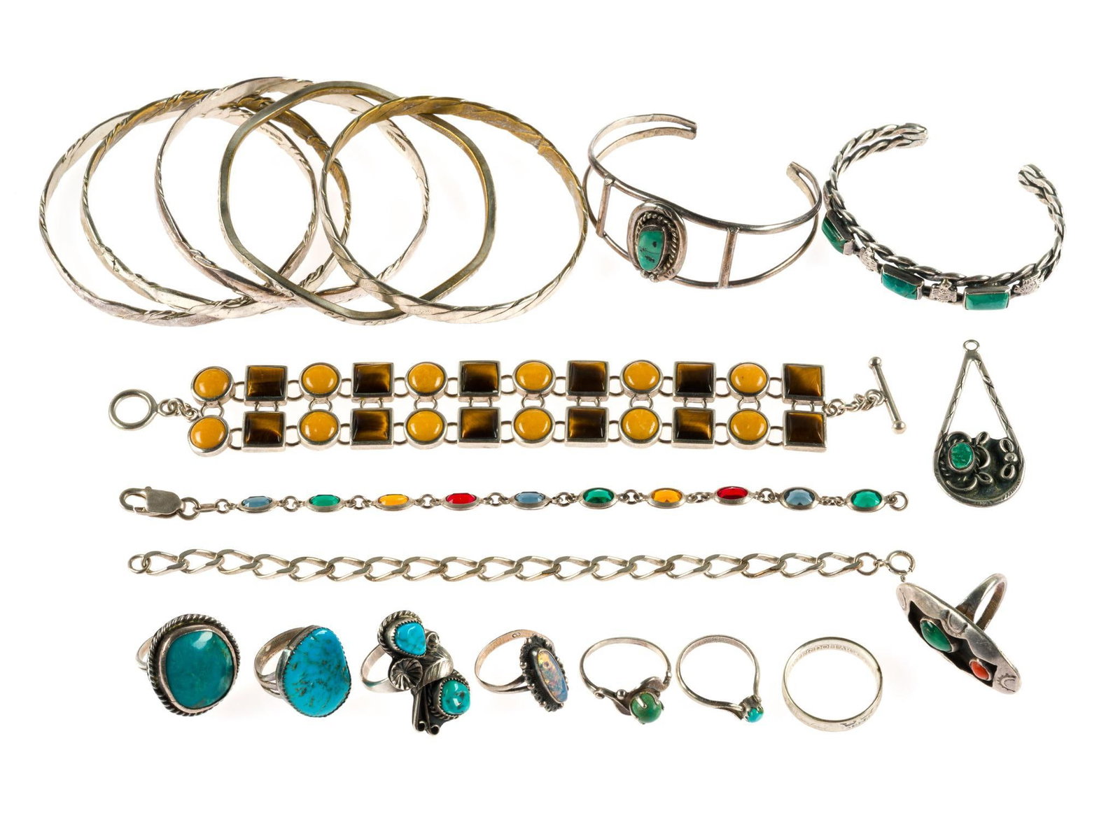 Sterling Silver Bracelets and Rings: Bangles and flexible link bracelets including tiger's eye, turquoise, and malachite. Rings mostly size 6 to 7.5 including turquoise and coral. Everything is marked. The total weight is 6.9 troy ounces