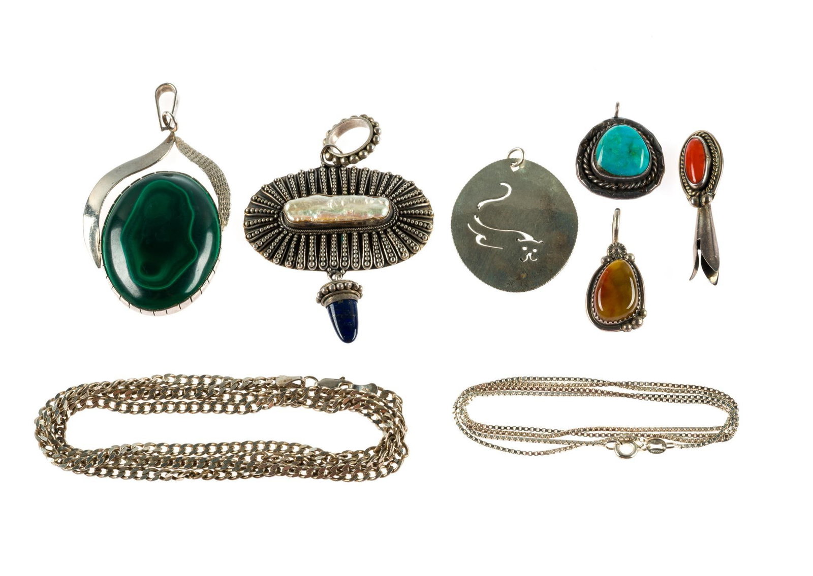 Sterling Silver Chains and Pendants: Two sterling silver chain necklaces, one 24" and one 32". Also six sterling pendants with malachite, coral, pearl, and lapis. Additionally a parts set for a small to medium squash blossom necklace, un
