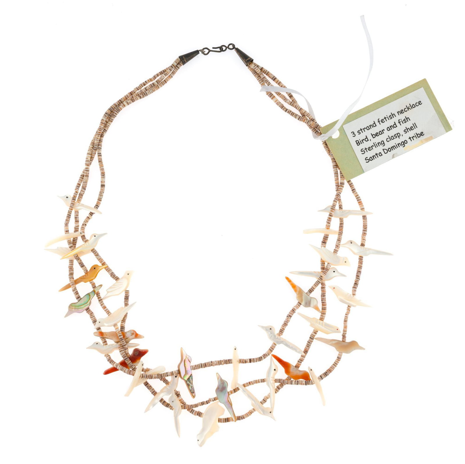 Santo Domingo Native American Bird Fetish Necklace: A 22" three-strand cascade necklace unsigned but tagged Santo Domingo. It is made with shell beads and abalone bird fetishes. 