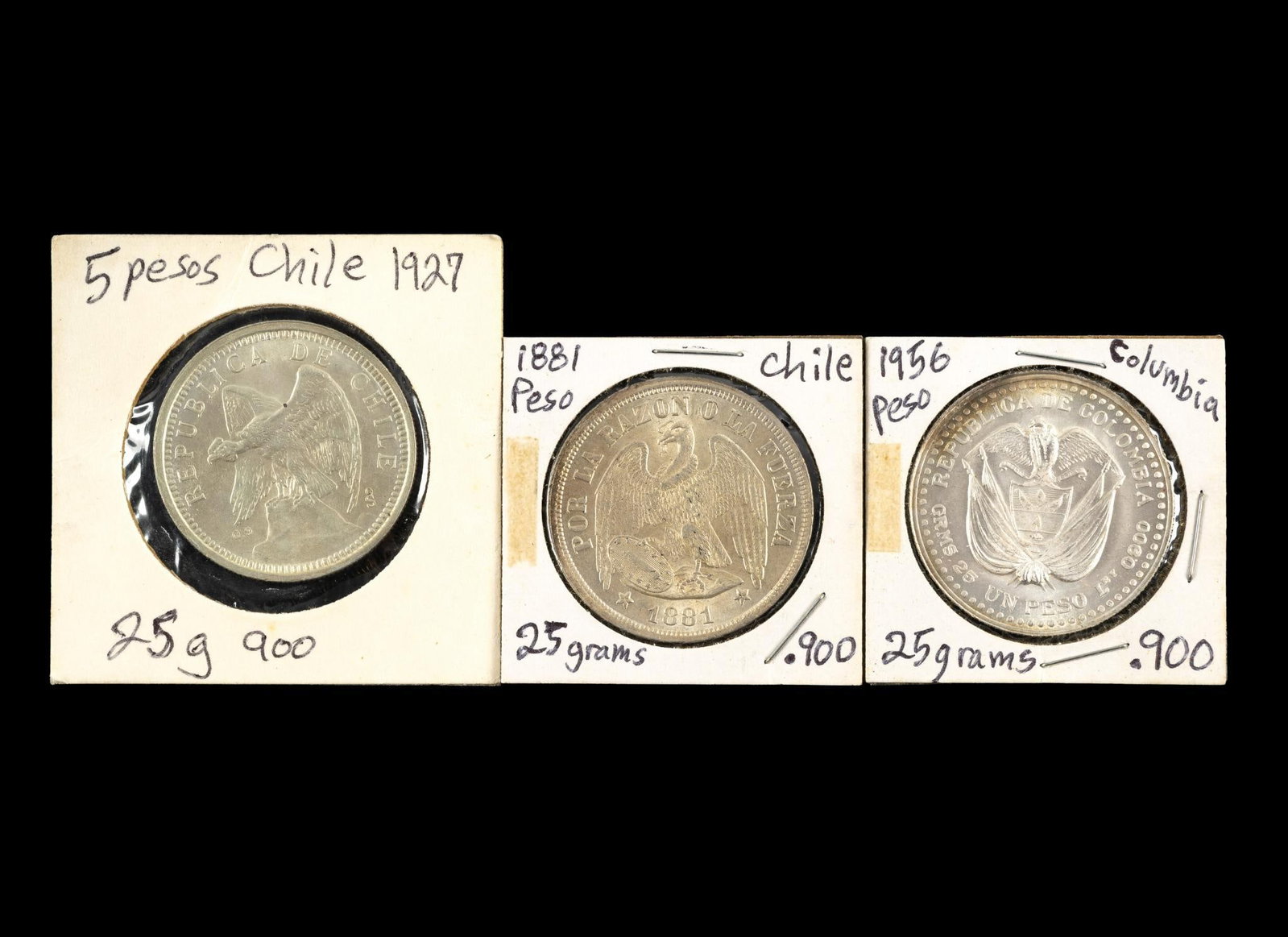 Three Silver Coins Columbia And 1881 Chile Peso (1 of 4)