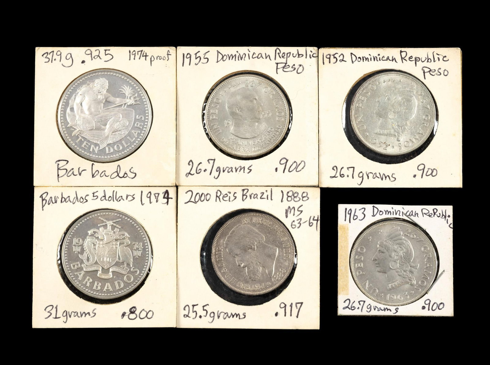 Silver Coins Barbados Brazil Dominican Republic: Six coins with one .800 fine coin and the rest are .900 and above. All are uncirculated.