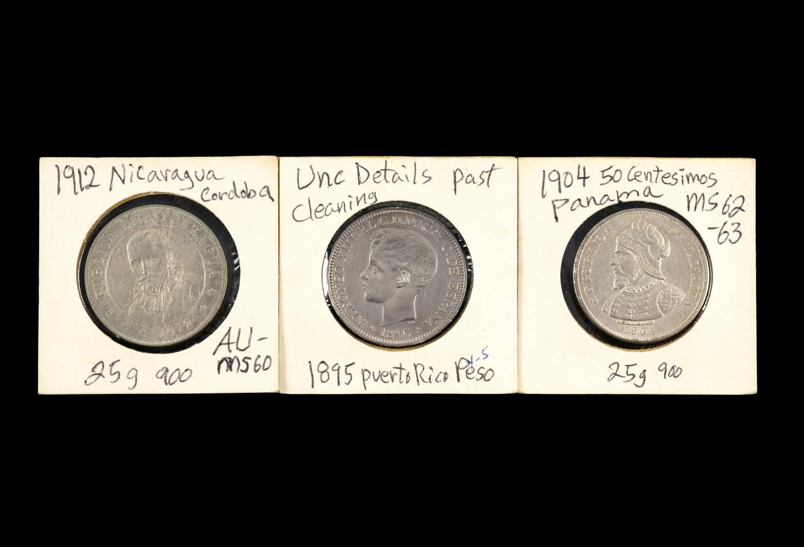 Silver Coins Panama Nicaragua And 1895 Puerto Rico Peso: The coins are AU to uncirculated. The Puerto Rico Peso is uncirculated details with light evidence of past cleaning. 