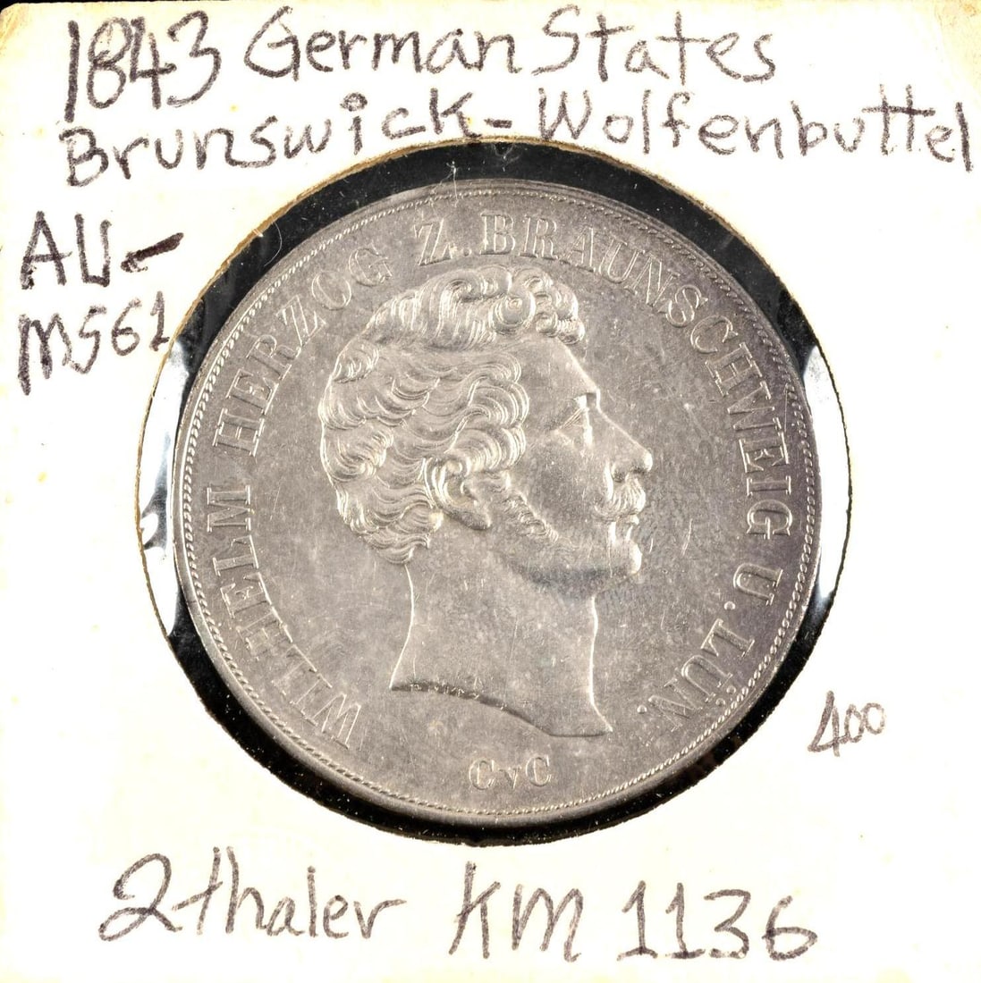 Uncirculated 1843 German States 2 Thaler: Brunswick - Wolfenbuttel Two Thaler KM 1136. It is lower uncirculated with no damage, rim nicks, or evidence of past cleaning. 