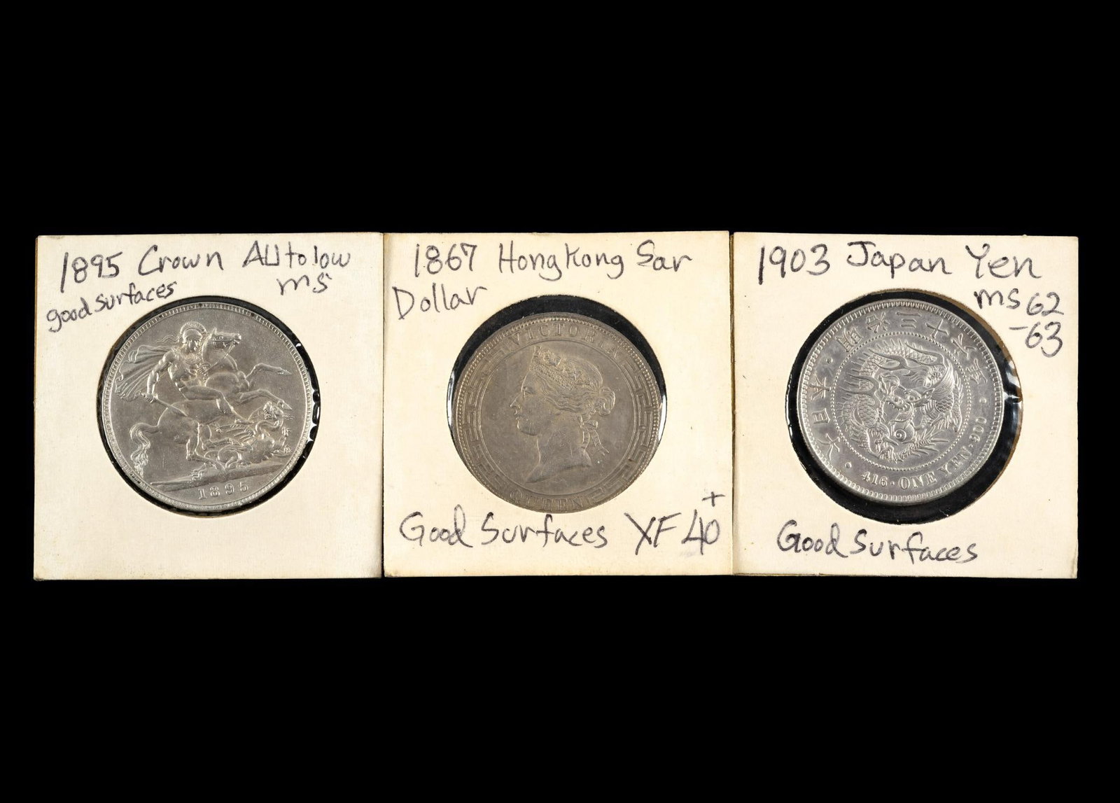 Silver Coins 1867 Hong Kong Sar Dollar Japanese Yen Britain Crown: 1895 Great Britain Crown, 1867 Hong Kong Sar, 1903 Japan Yen. All have good surfaces and range AU to uncirculated.