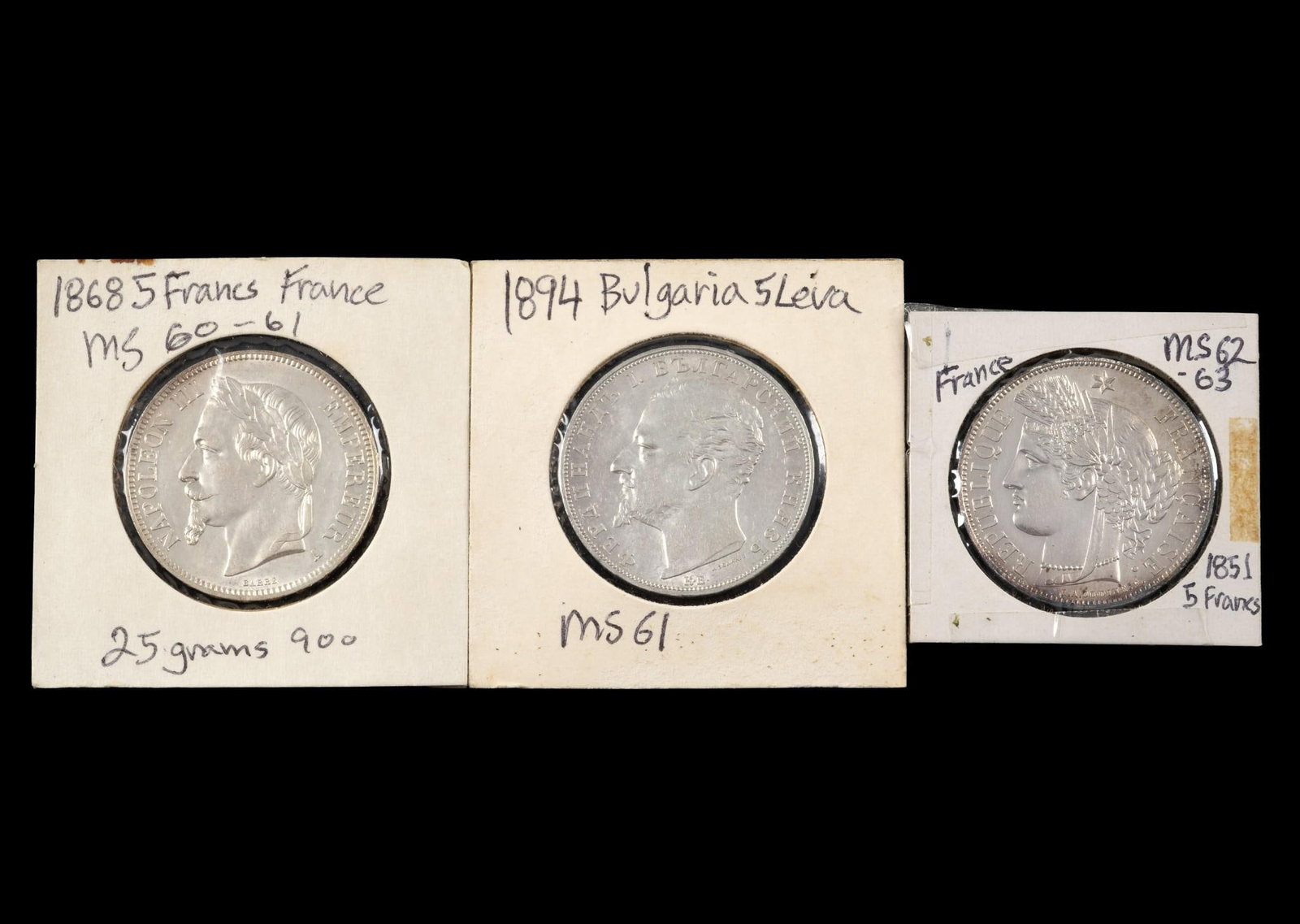 Silver Coins France And Bulgaria: 1894 Bulgaria 5 Leva, 1868 France 5 Francs, 1851 France 5 Francs. All are uncirculated without evidence of past cleaning or other problems. 