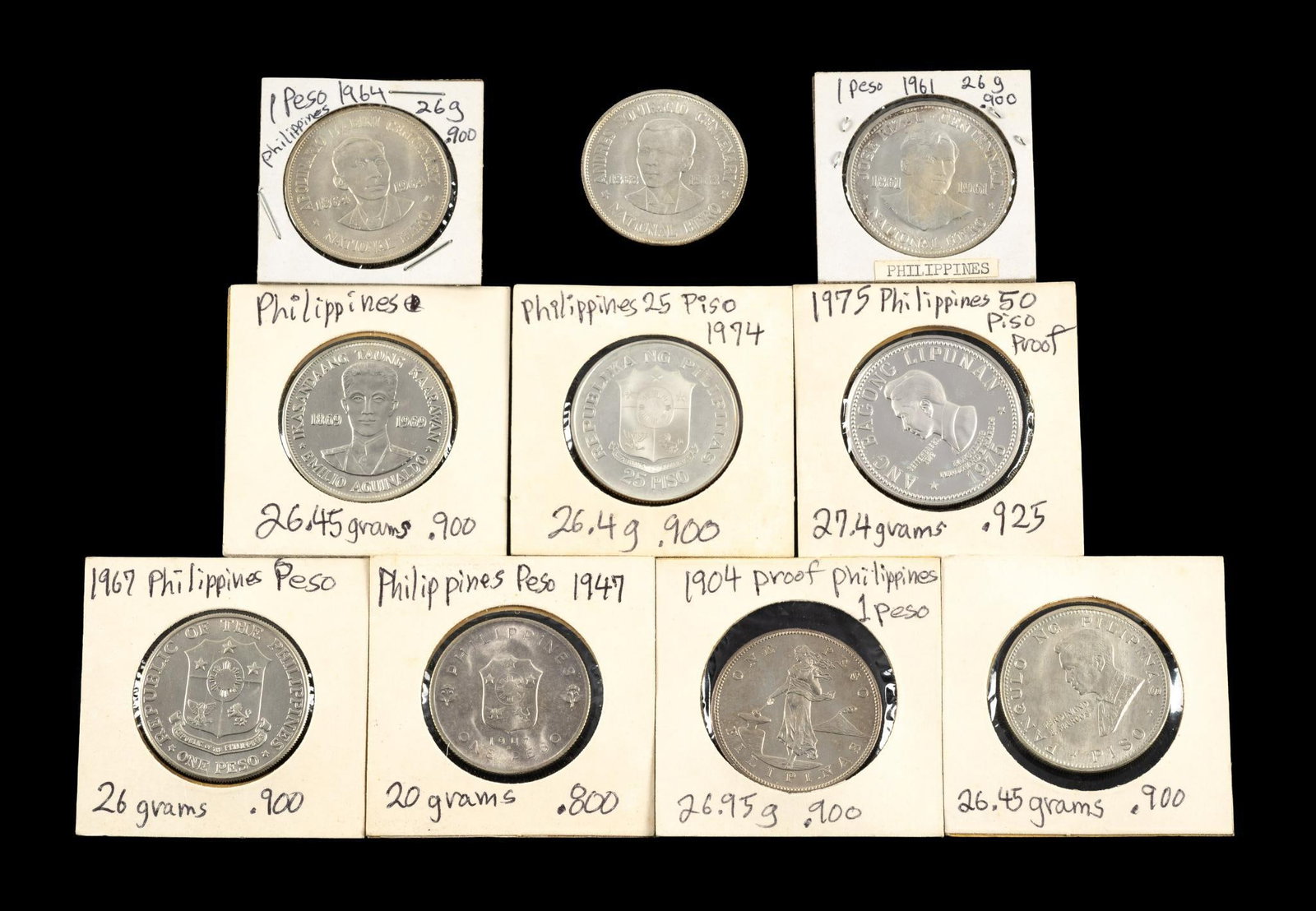 Ten Silver Philippines Coins: The coins range from 1904 through the 1970's and all are uncirculated or proof. One is .800 fine and the rest are .900 or above,
