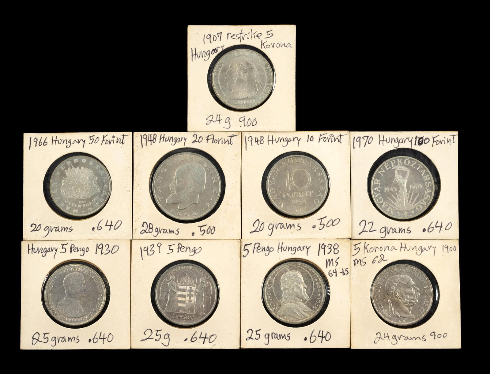 Nine Uncirculated Silver Coins Hungary: The coins range from 1900 to the 1970's.