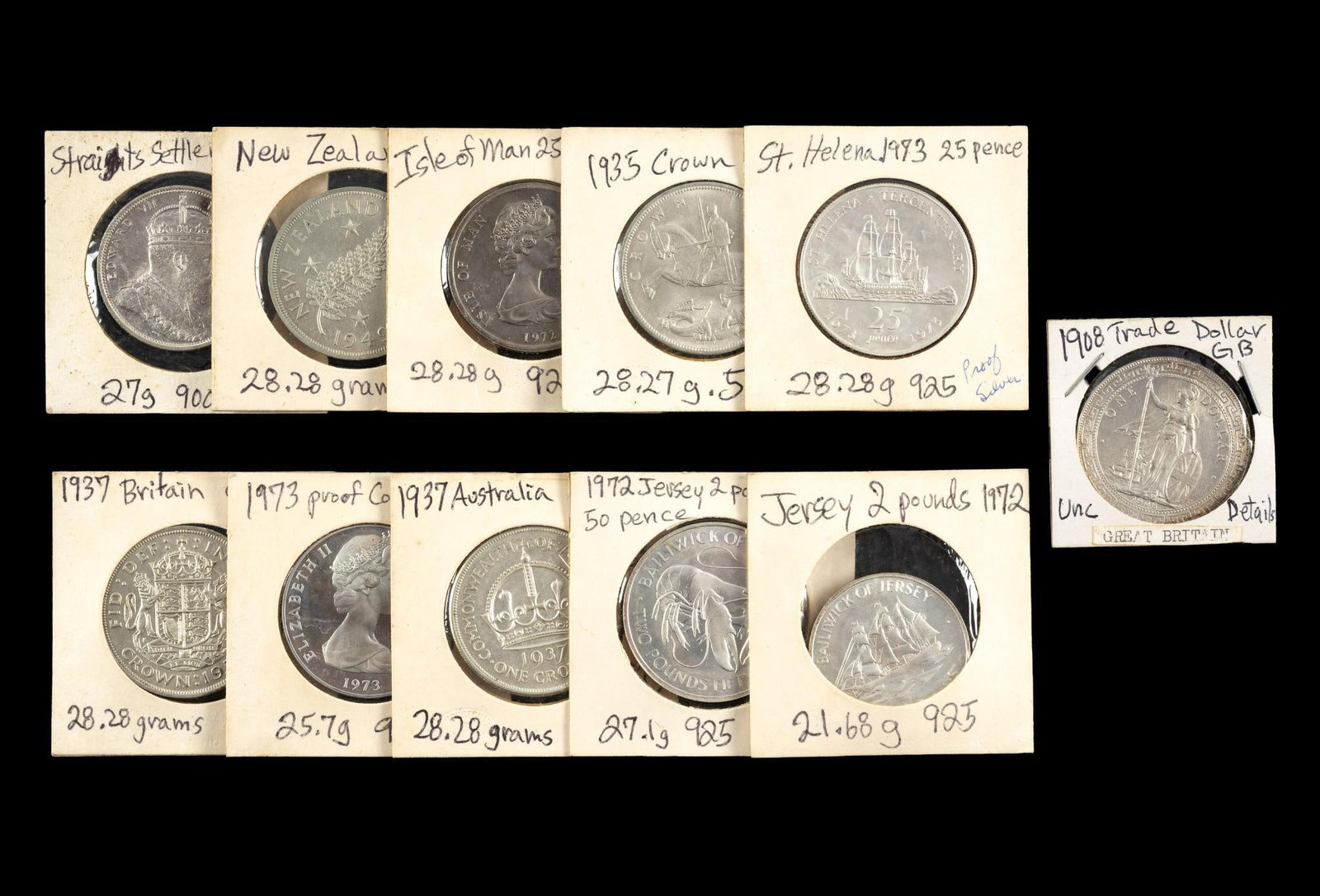 Eleven Uncirculated Silver Coins Britain And Colonies: The coins are all uncirculated or proof except the Straights Settlements which is AU and the 1908 Trade Dollar which is uncirculated details. Other types include Cook Islands, New Zealand, Australia, 