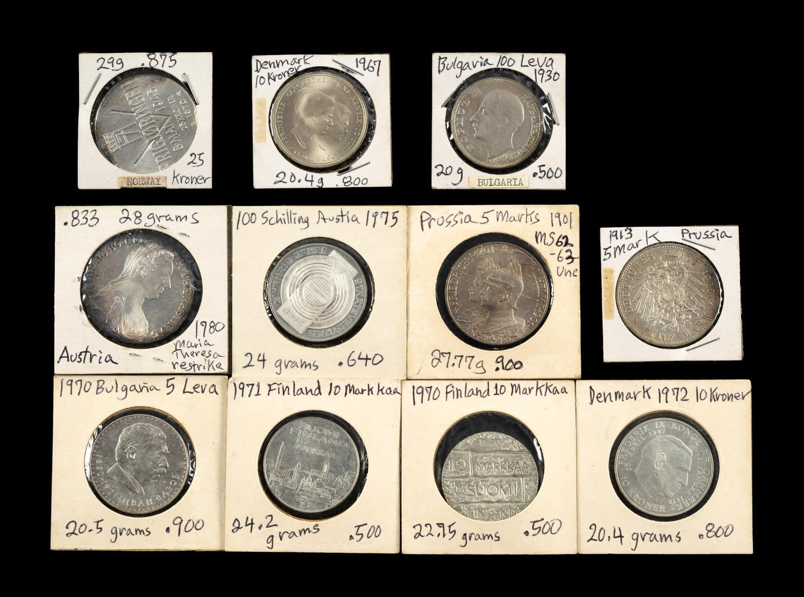 Uncirculated And Proof Silver European Coins: Eleven coins include Prussia 5 Marks 1901 and 1913, Denmark, Norway, Austria, Bulgaria, and Finland. Dates are from 1901 to the 1970's.