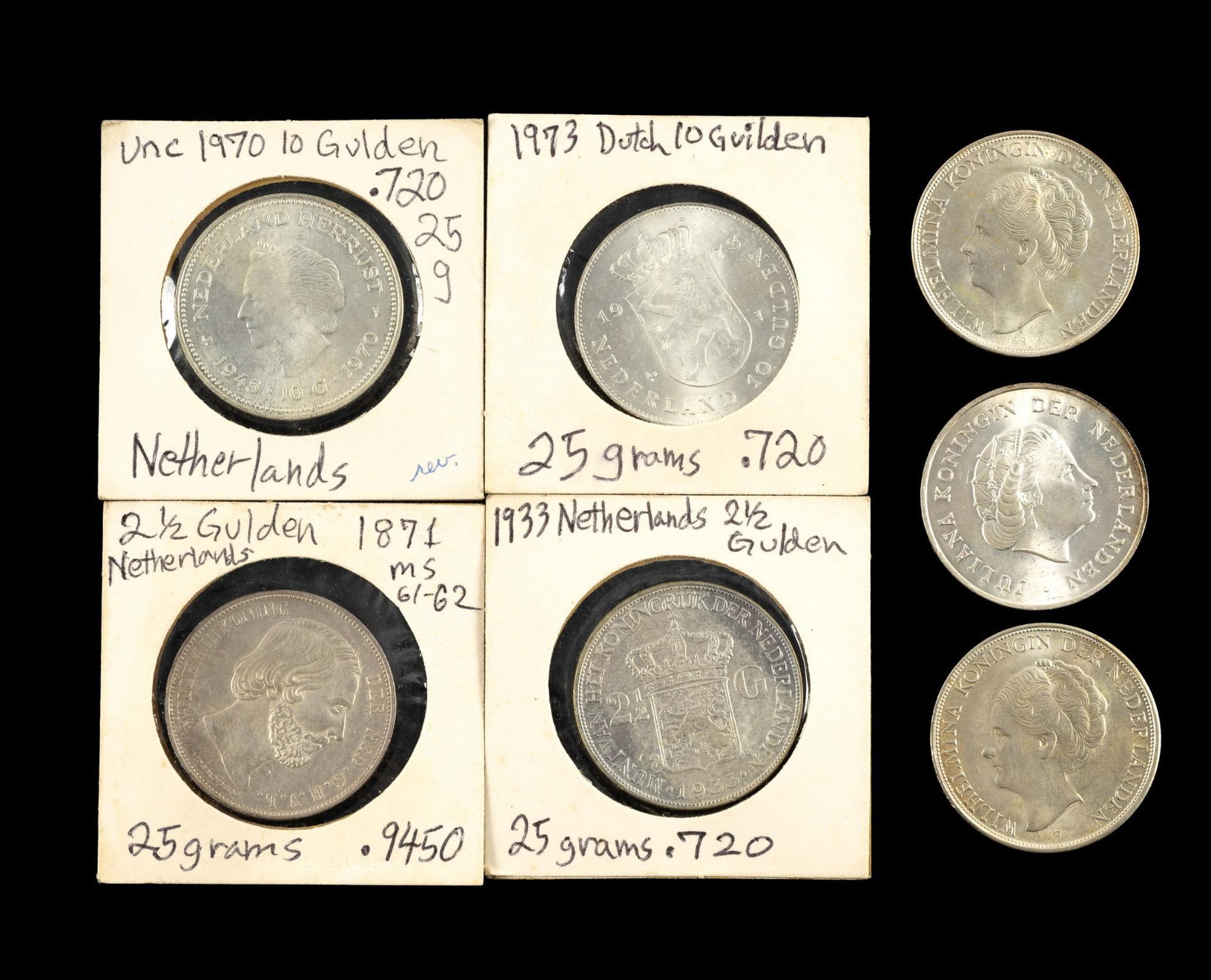 Silver Uncirculated Netherlands Coins: Seven coins 1871 to the 1970's, 2 1/2 and 10 Gulden. 