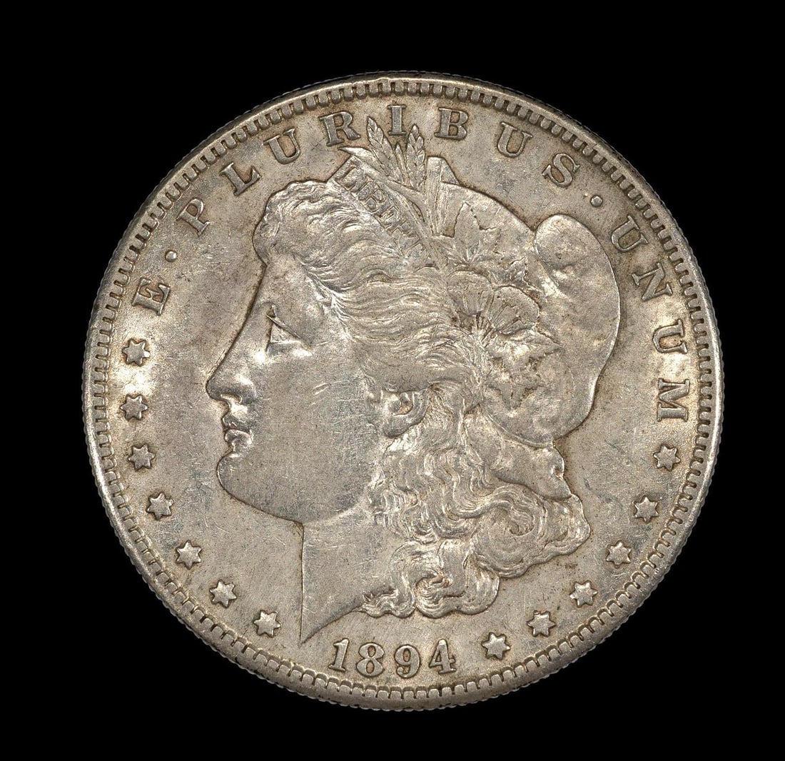 1894-S San Francisco Mint Silver Morgan Dollar: 1894-S with no damage or obvious past cleaning hairlines. Approximately AU53.