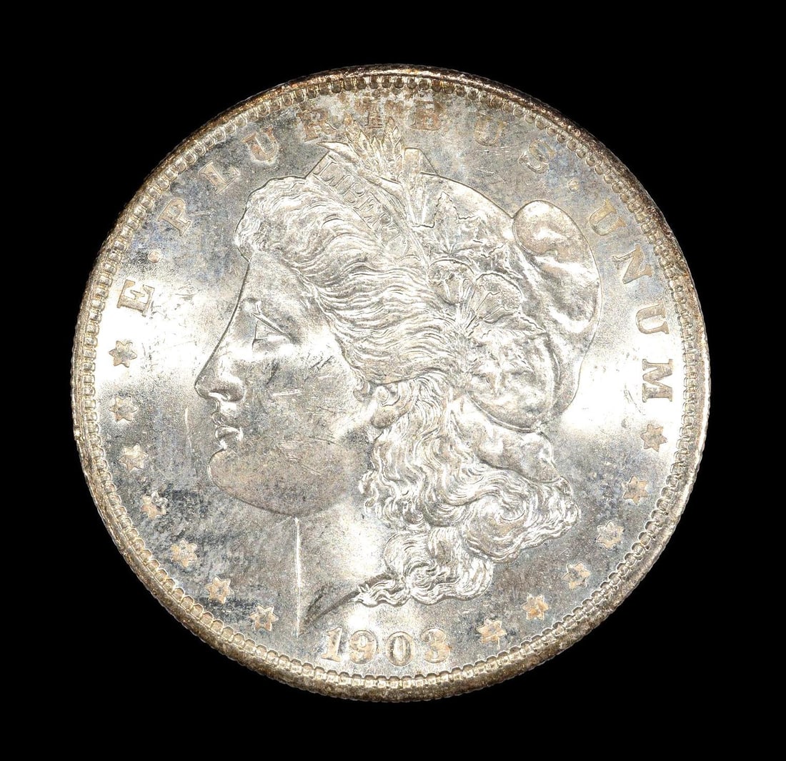 1903-O New Orleans Mint Silver Morgan Dollar: 1903-O with no damage or past cleaning hairlines. Approximately MS63. The mark above IN on the reverse is black tone, not a scratch.