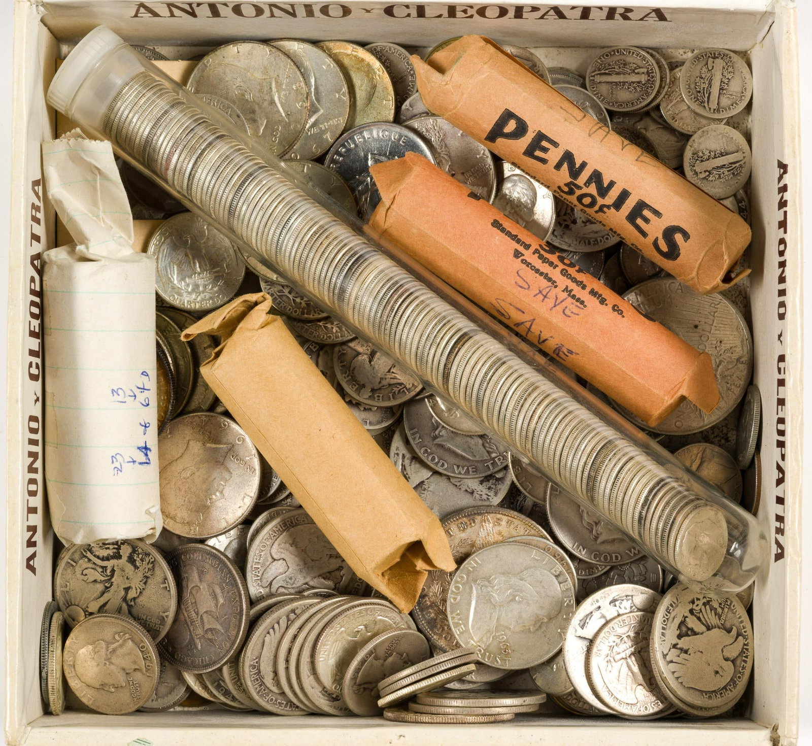 Cigar Box Of Silver Coins: The box contains various coins including a few world coins. Silver coins include (8) 40% silver Kennedy halves, (106) Washington silver quarters, (17) Walking Liberty halves, (3) Franklin halves, (1) 