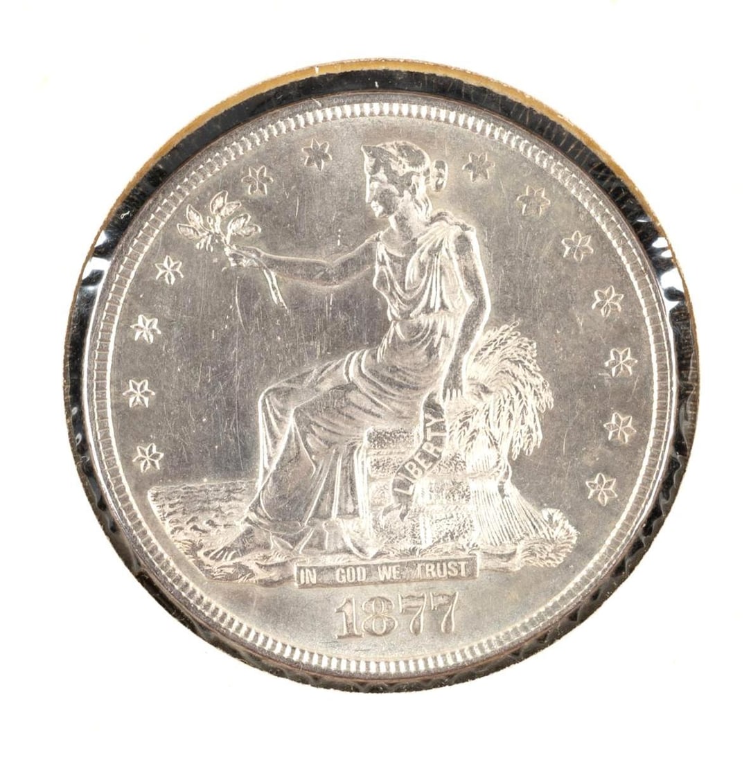 Uncirculated 1877 Trade Dollar: 1877 Trade dollar with excellent surfaces showing no past cleaning. A condition rarity at MS62 - MS63.