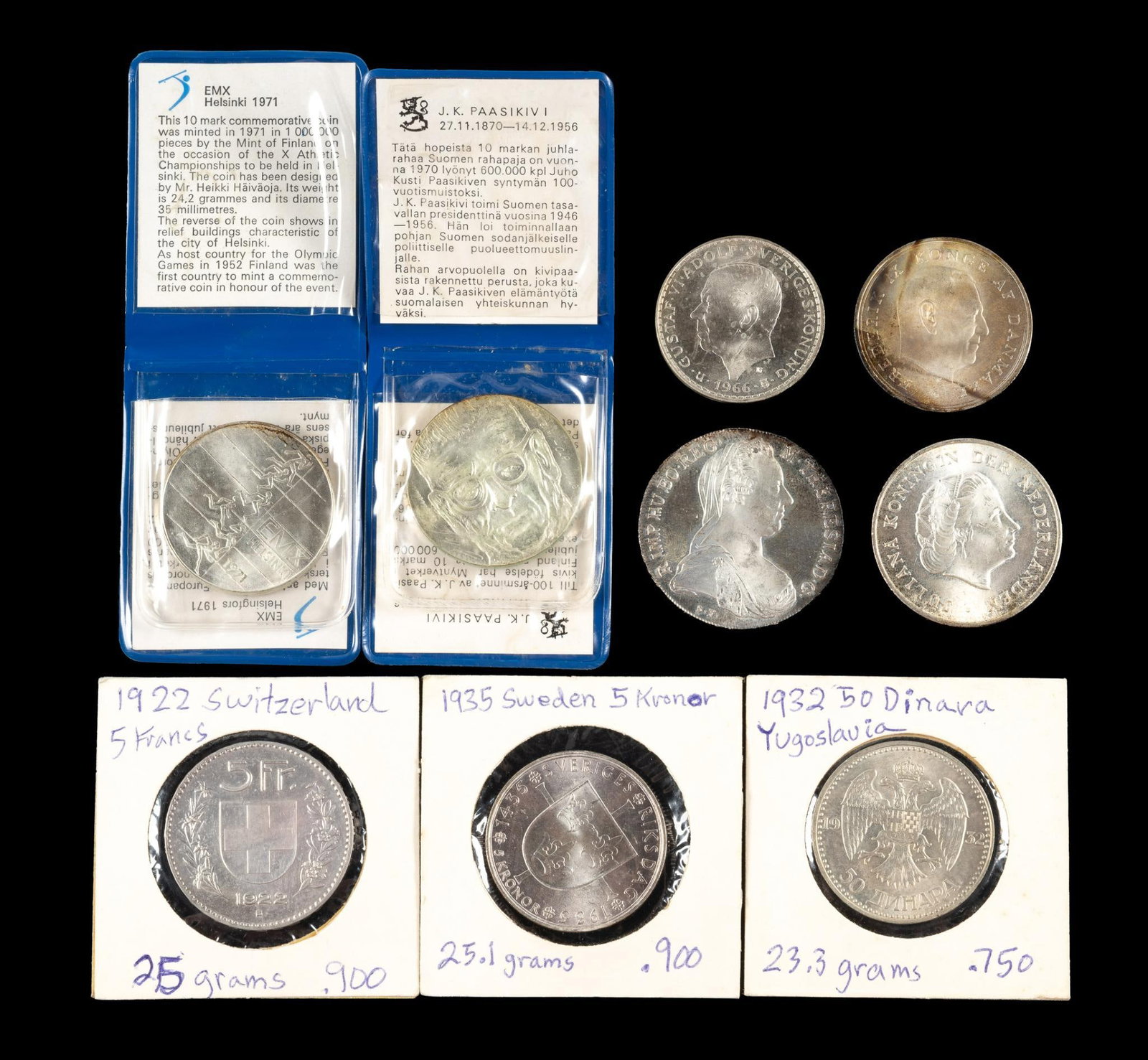 Nine Silver Scandinavian And European Coins: Sweden 5 Kroner 1935 25.1 grams .900 fine, 1922 Switzerland 5 Francs 25 grams .900 fine, 1967 Denmark 10 Kroner 20.4 grams .800 fine, 1971 Finland 10 Marks 24.2 grams .500 fine, 1970 Finland 10 Marks 