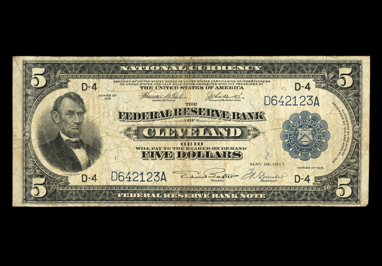 Five Dollar National Currency Federal Reserve: The Federal Reserve Bank Of Cleveland Series Of 1918, May 18 1914. It has wear but no losses or tears. 