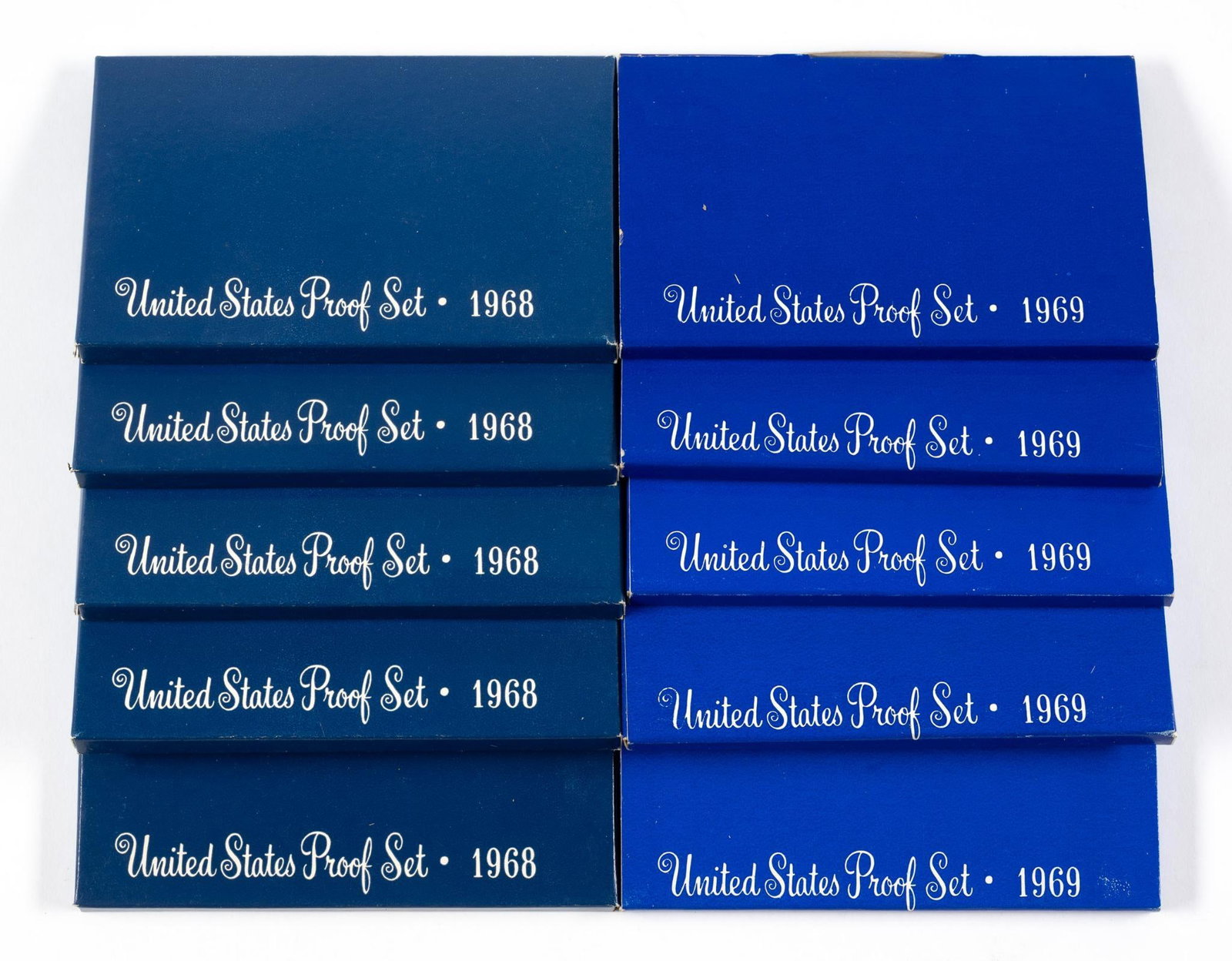 Ten Proof Sets With Silver: 1968 and 1969 proof sets with 40% silver Kennedy half dollars.