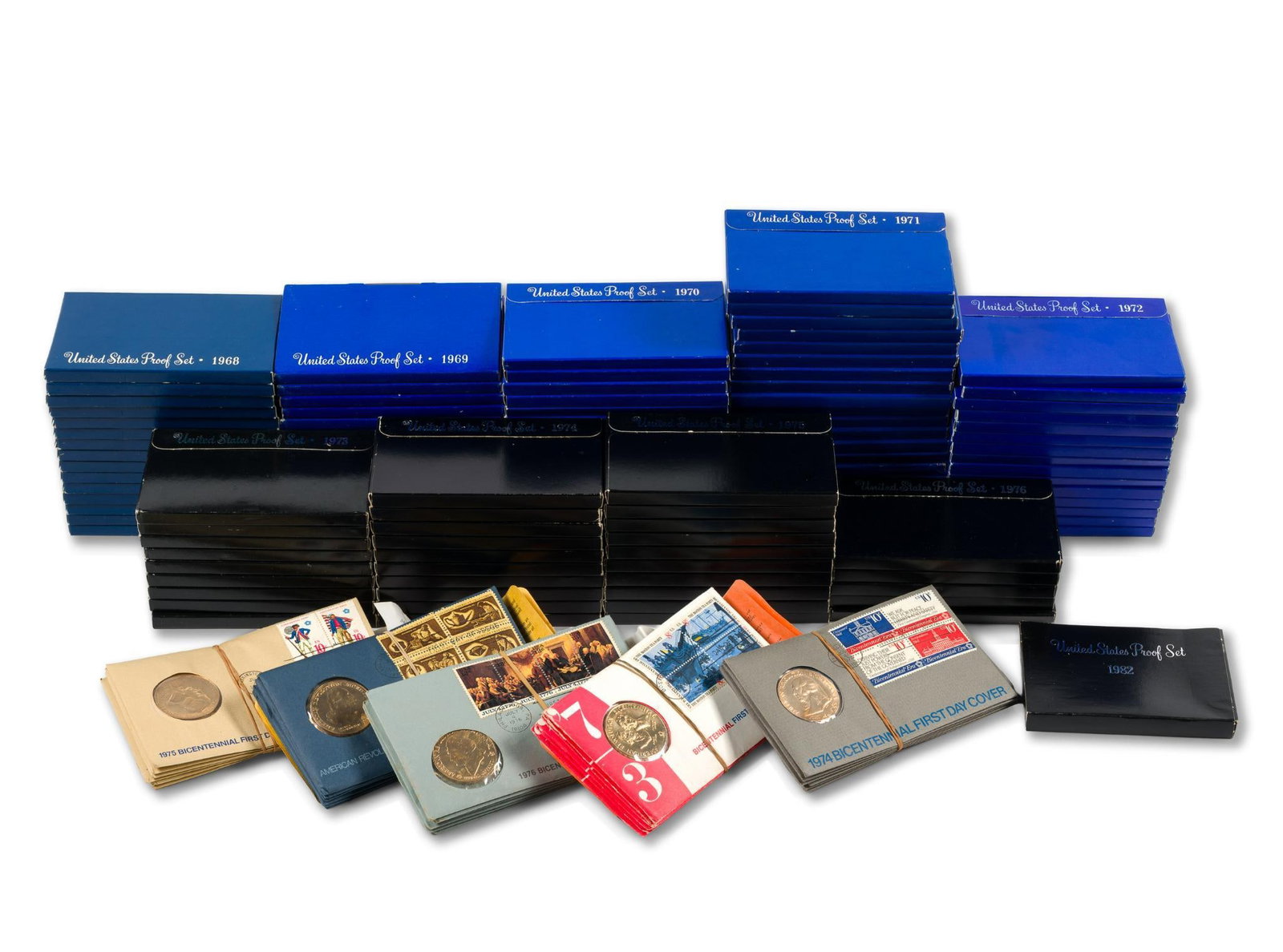 One Hundred Sixteen Proof Sets: All are 1960's and 1970's except one 1982. Thirty are the sets with 40% silver Half dollars. Also included are thirty Bicentennial bronze medallions with first day covers.