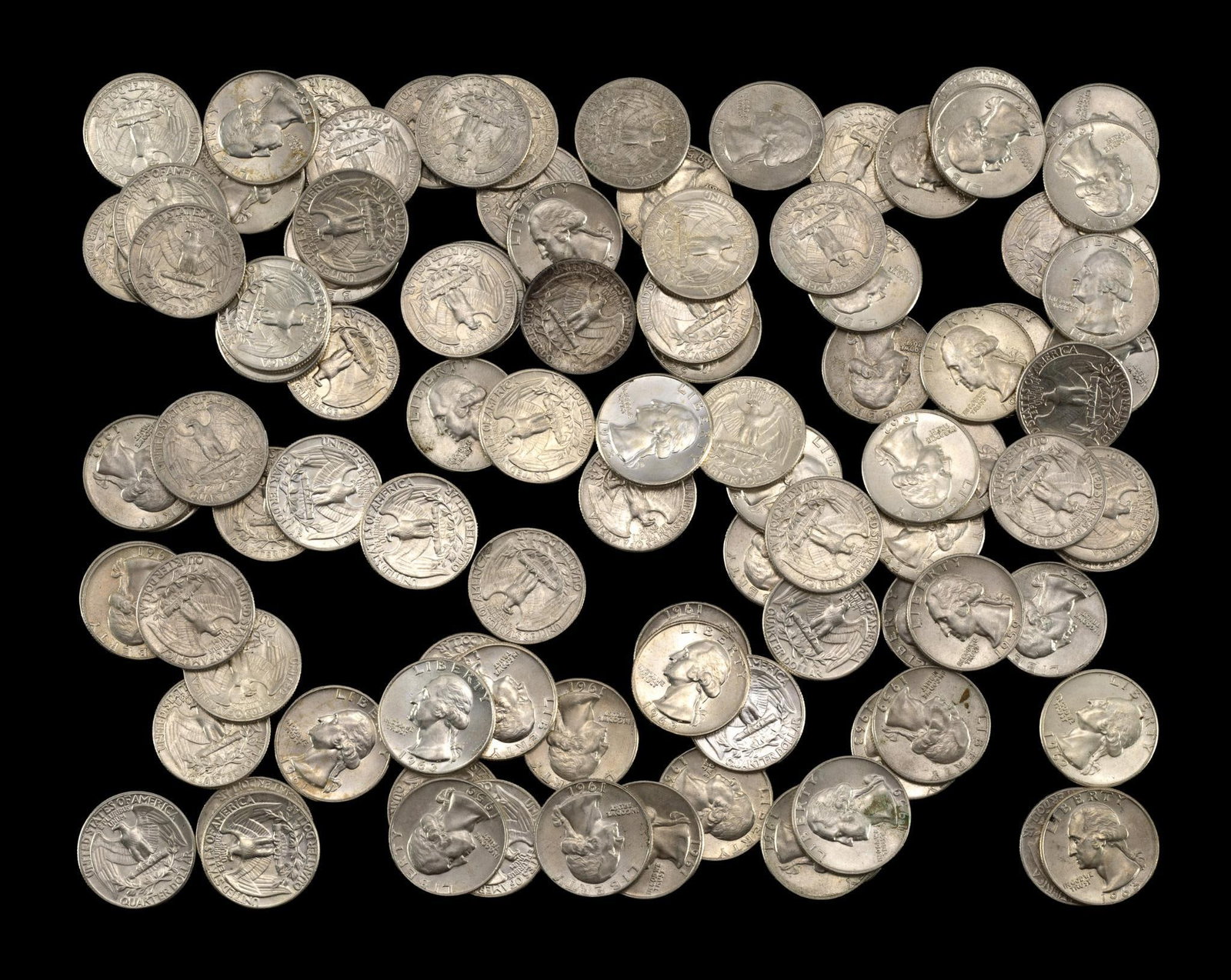 One Hundred Washington Silver Quarters: Later dates in AU or uncirculated condition. All are silver.