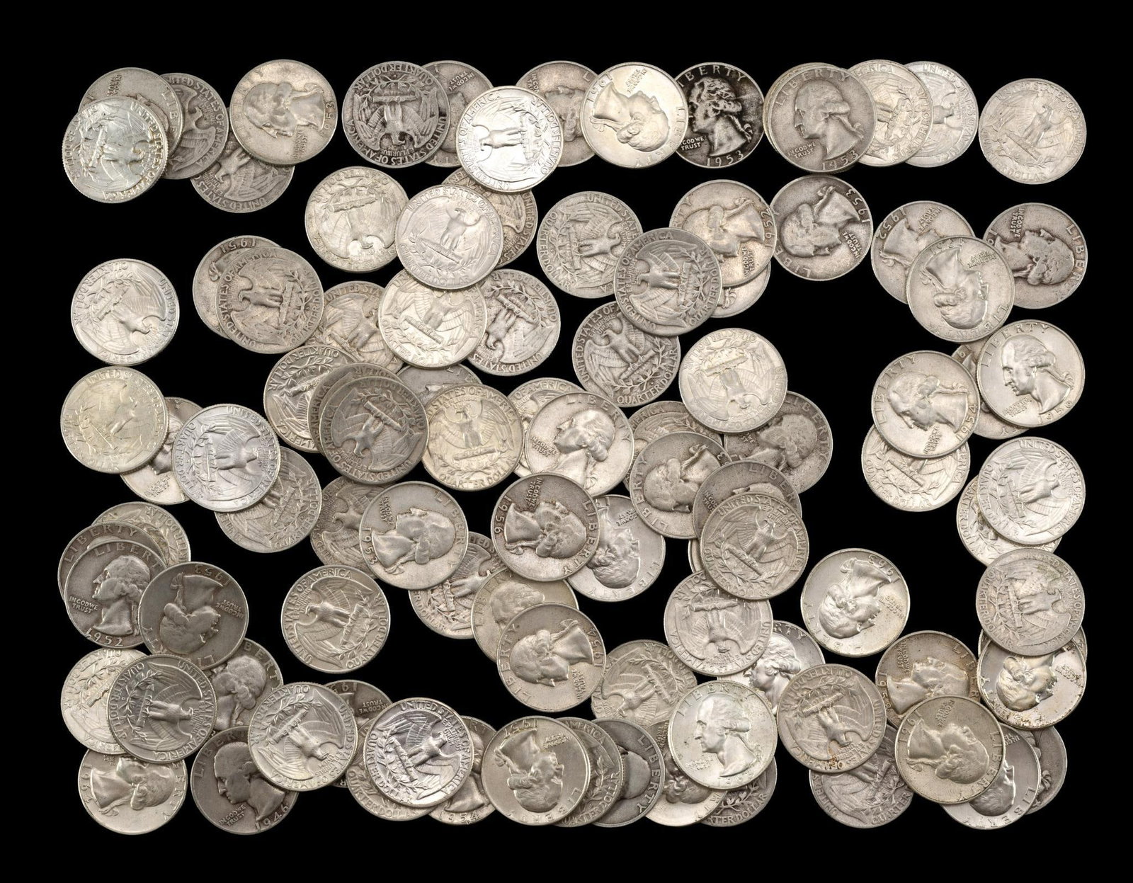 One Hundred Washington Silver Quarters: Mixed dates. All are silver.