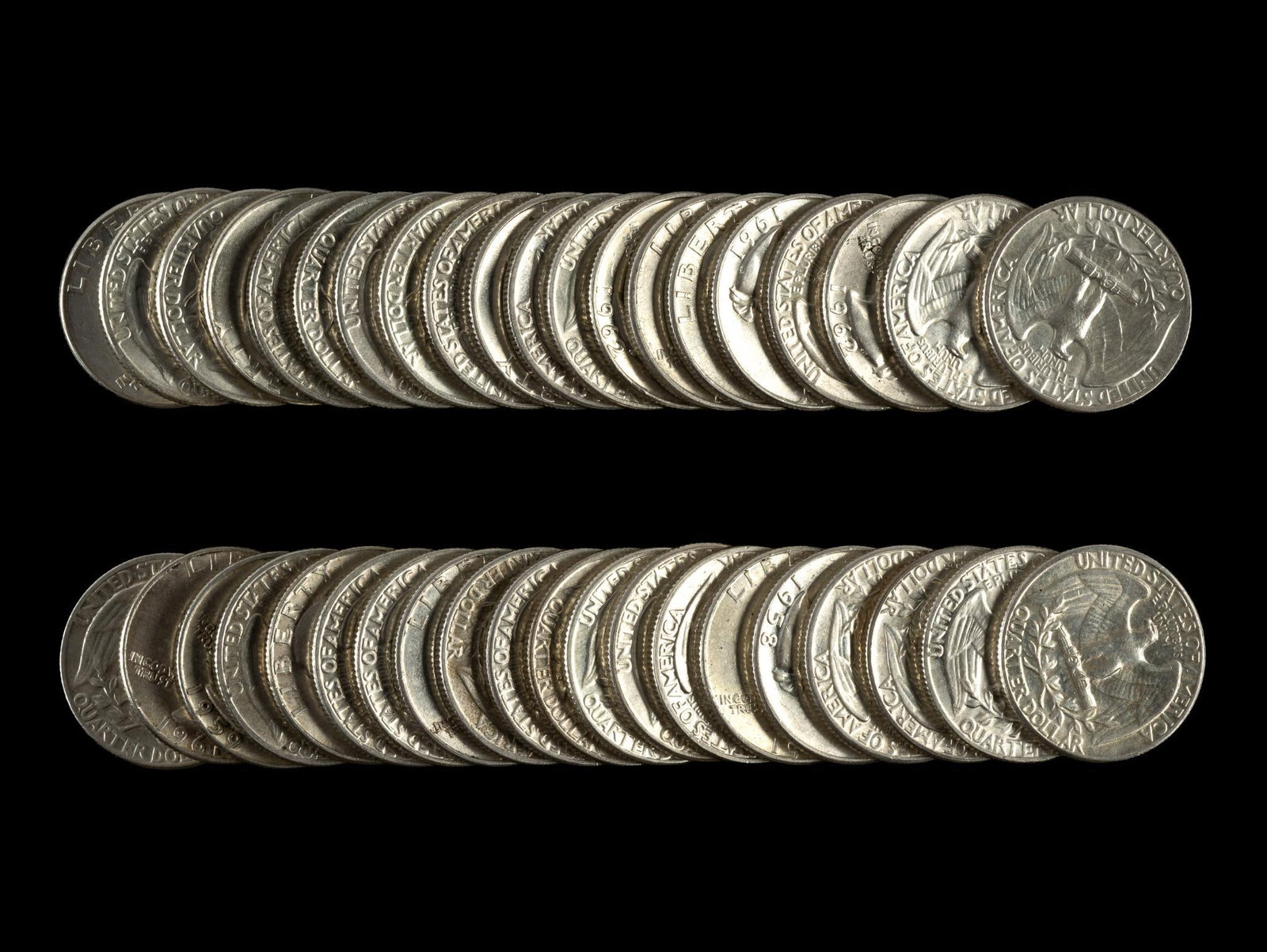 Forty Washington Silver Quarters: Mixed dates. All are silver.