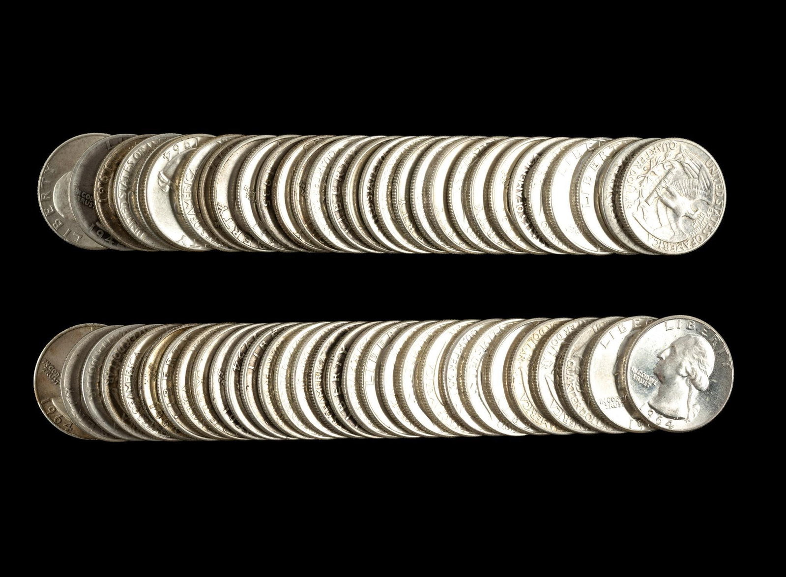 Sixty Silver Washington Quarters: All silver quarters, mixed dates.