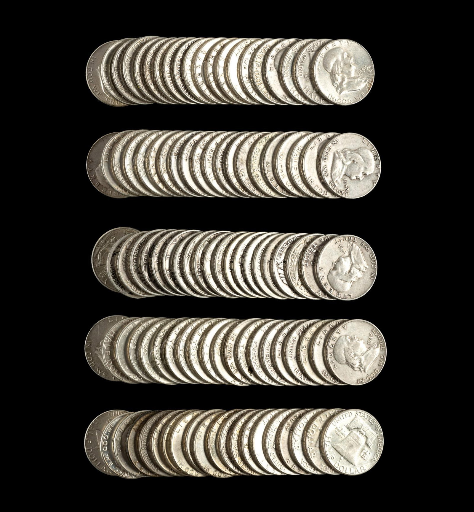 One Hundred Silver Franklin Half Dollars (1 of 1)