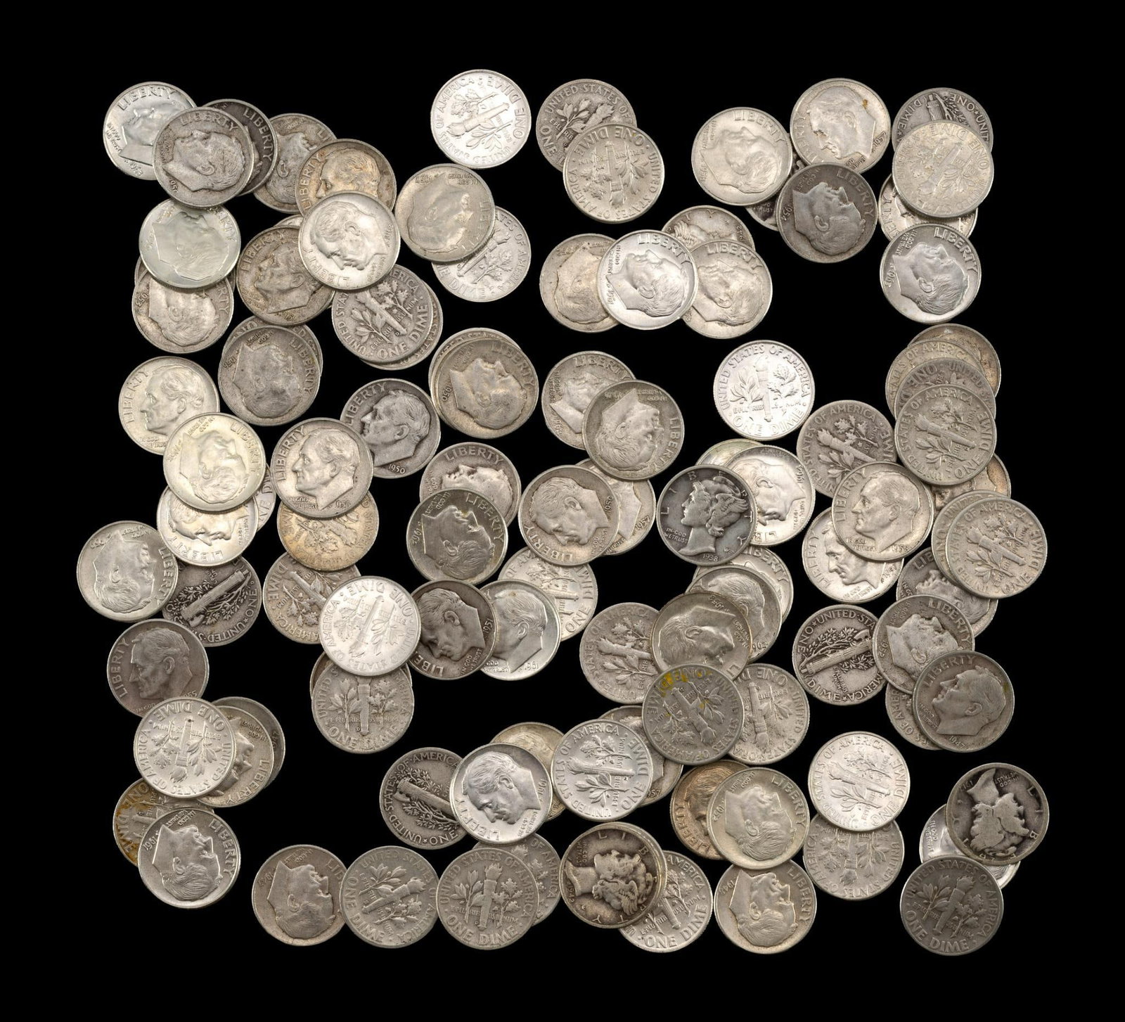 One Hundred Seven Silver Dimes: Mostly Roosevelt with a few Mercury. All are silver.