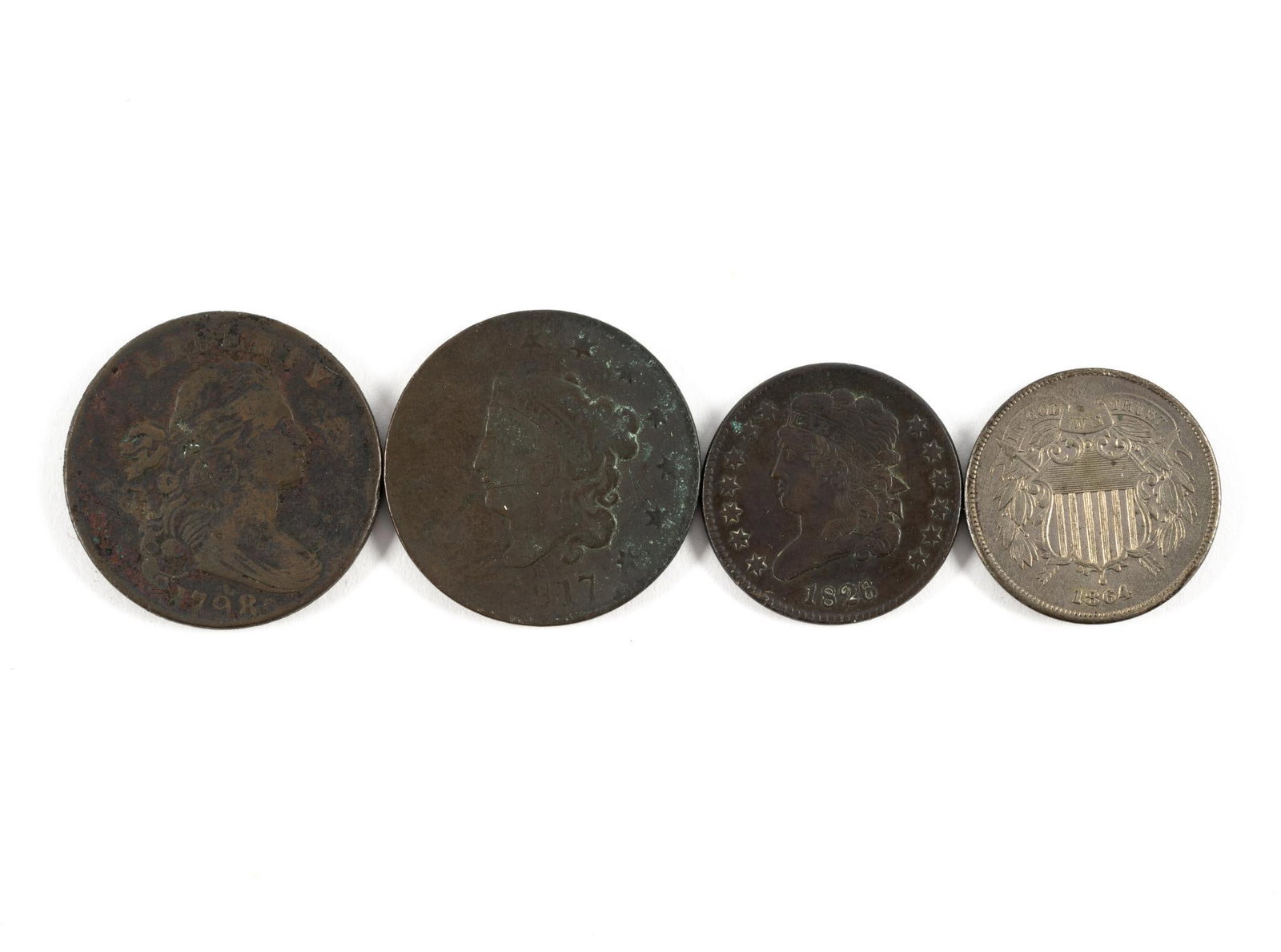 Large Cents Half Cent Two Cent: 1798 draped bust cent damage and corrosion, 1817 13 stars wear and scratches, 1826 half cent XF details scratch obverse right field, 1864 two cent uncirculated details nickel coloration. 
