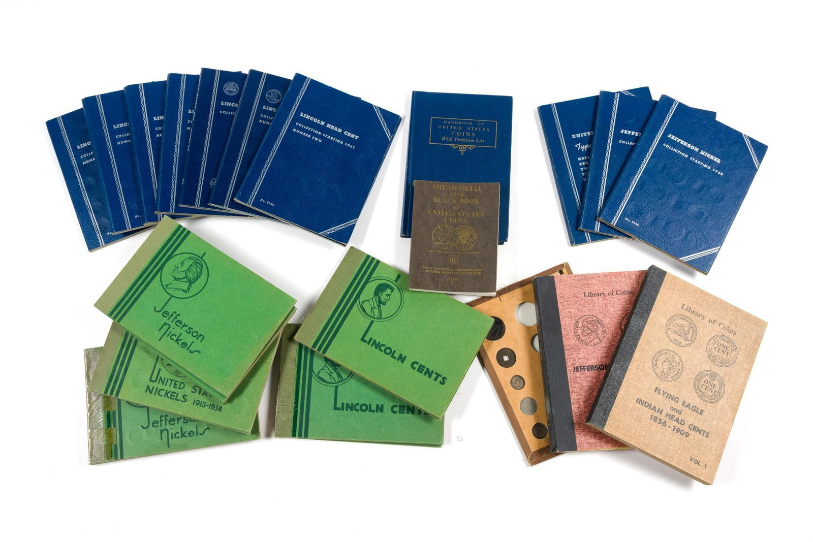 Eighteen Coin Books: Nickels book with V Liberty nickels and Buffalo nickels has coins placed in key locations that are not correct. There is a 1913 type II in XF but no other 1913 keys are present. The same applies