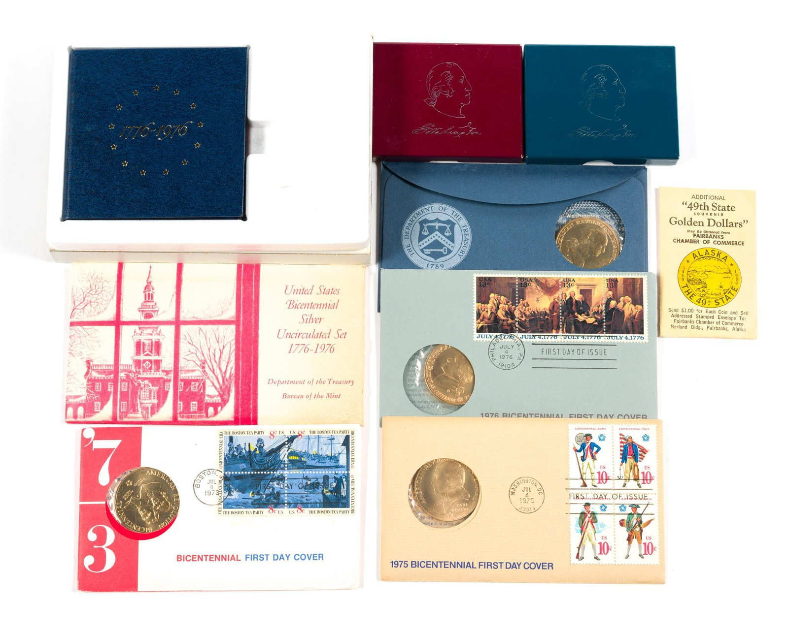 Bicentennial Silver Sets And Silver Half Dollar Commemoratives: One Bicentennial uncirculated set and one proof set, both with three 40% silver coins, two 90% silver commemorative Washington half dollars, four bronze Bicentennial medallions first day covers.