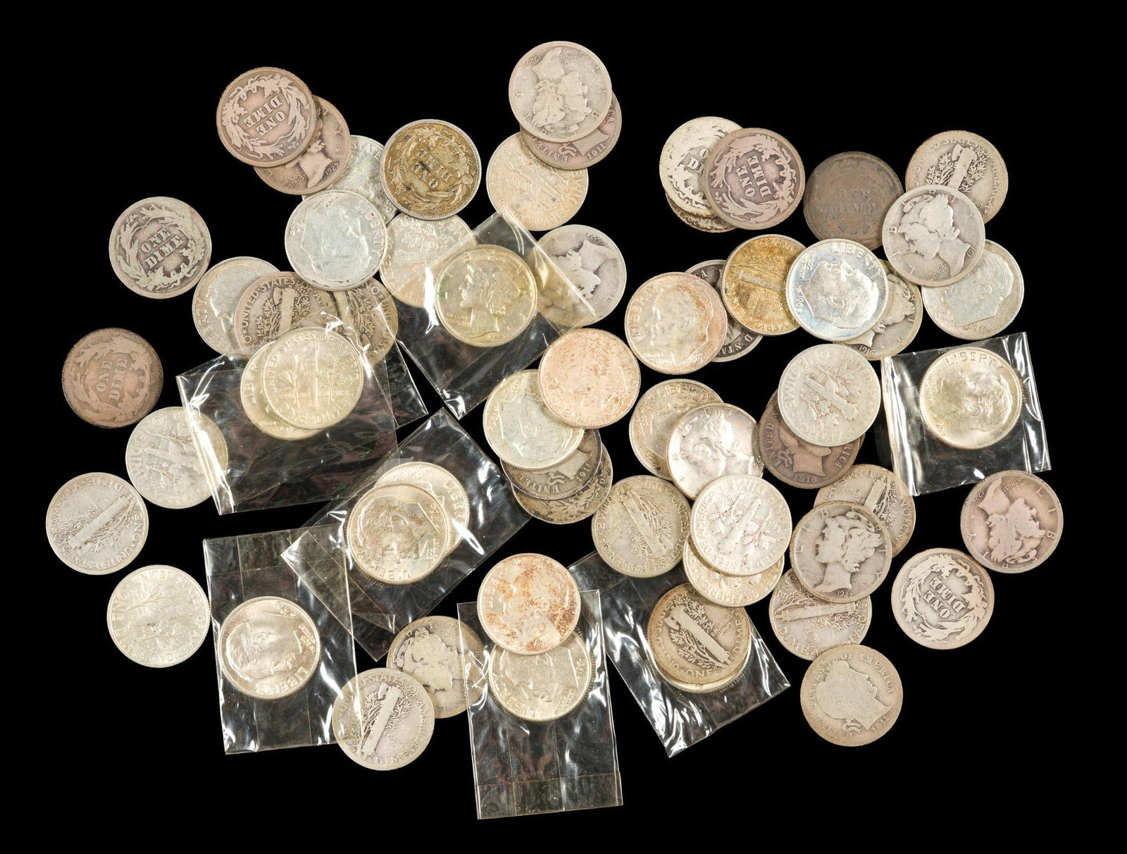 Sixty Silver Dimes Including Barber Mercury Roosevelt: Most of the dimes are Barber And Mercury with the Roosevelt dime typically uncirculated.