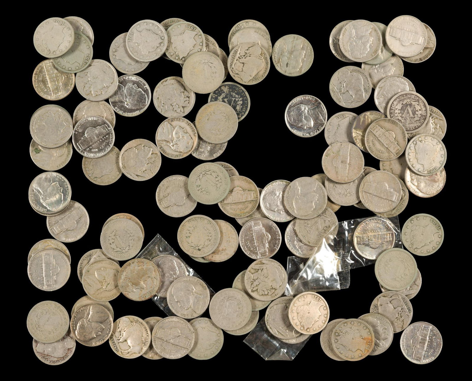 Nickels Including Buffalo V Liberty And Jefferson: Over eighty nickels. There are a few wartime nickels in the Jeffersons.