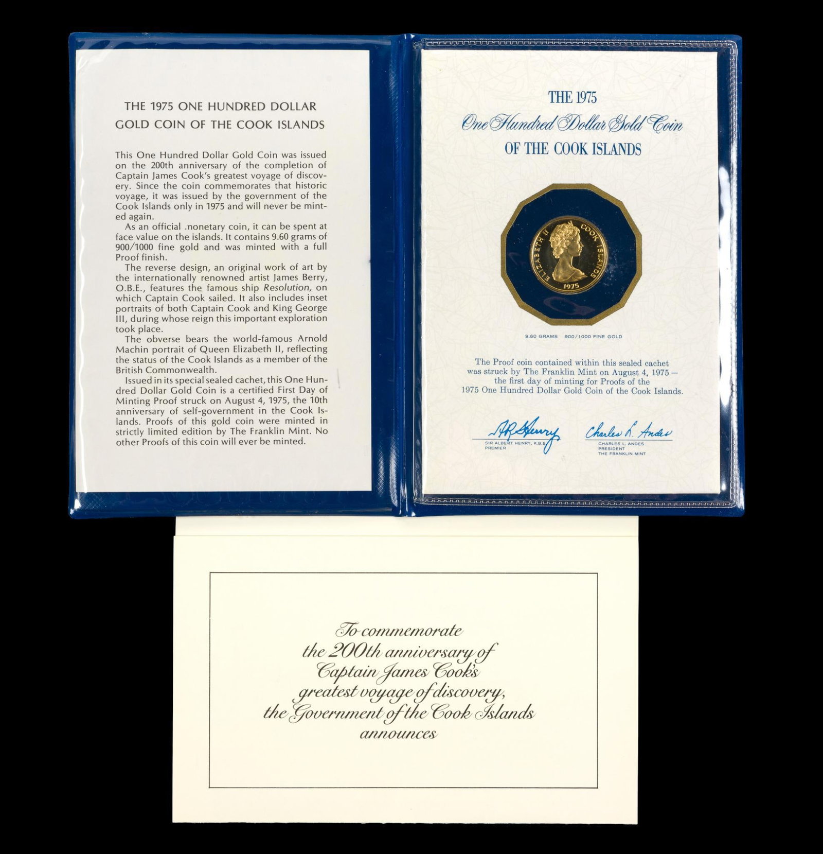 Cook Islands $100 Gold 1975: A proof commemorative proof coin .900 fine with a weight of 9.6 grams, AGW (pure gold weight) of .2778 troy ounces.